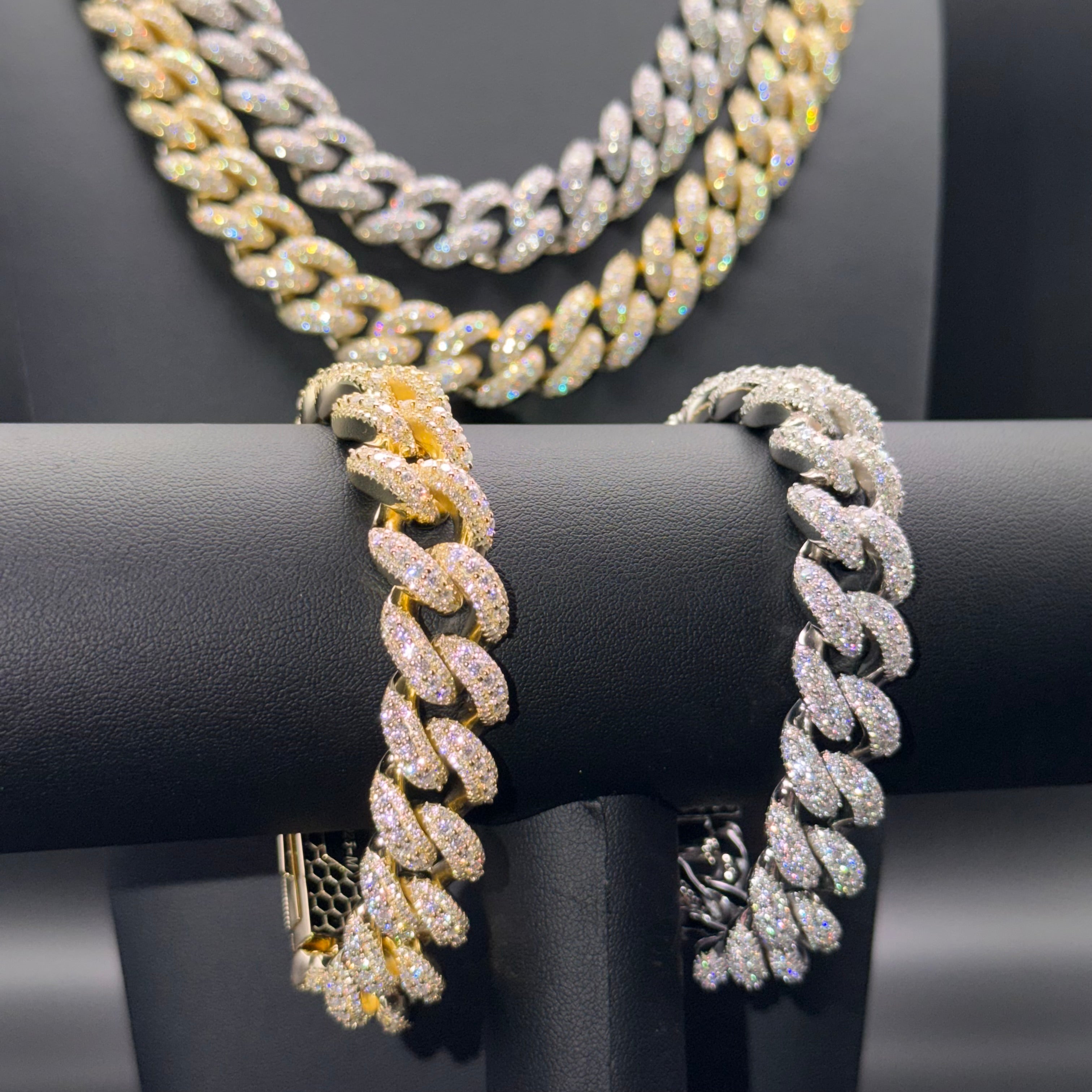 Prestige Big Stone Cuban Chain and Bracelet – VVS Moissanite – Sterling Silver & Gold Over 925