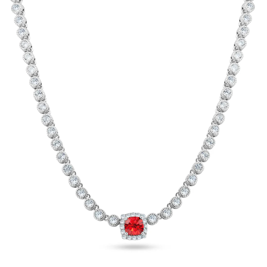 Red Halo Necklace – Premium CZ – Sterling Silver