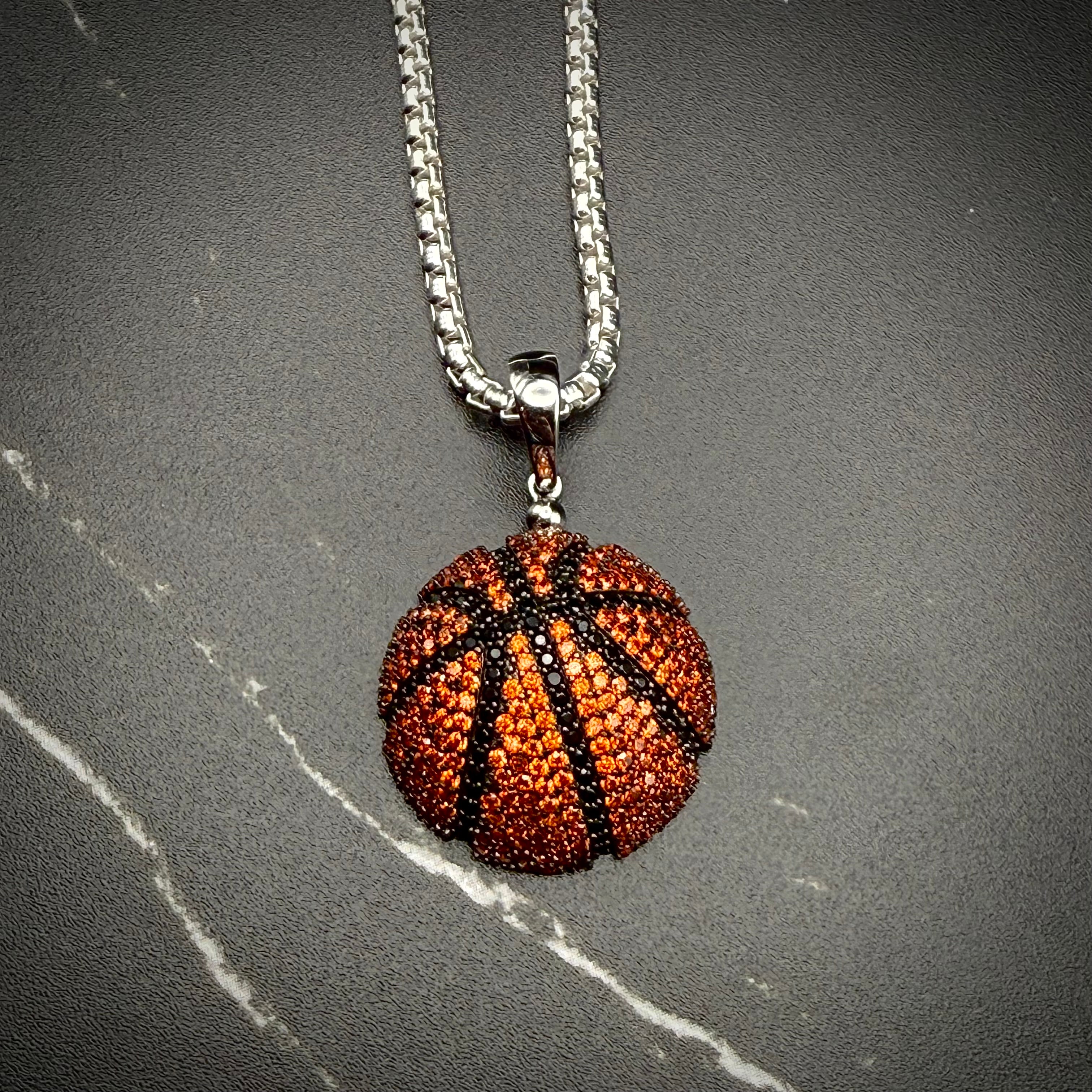 Basketball Pendant – Premium Black & Orange CZ – Sterling Silver