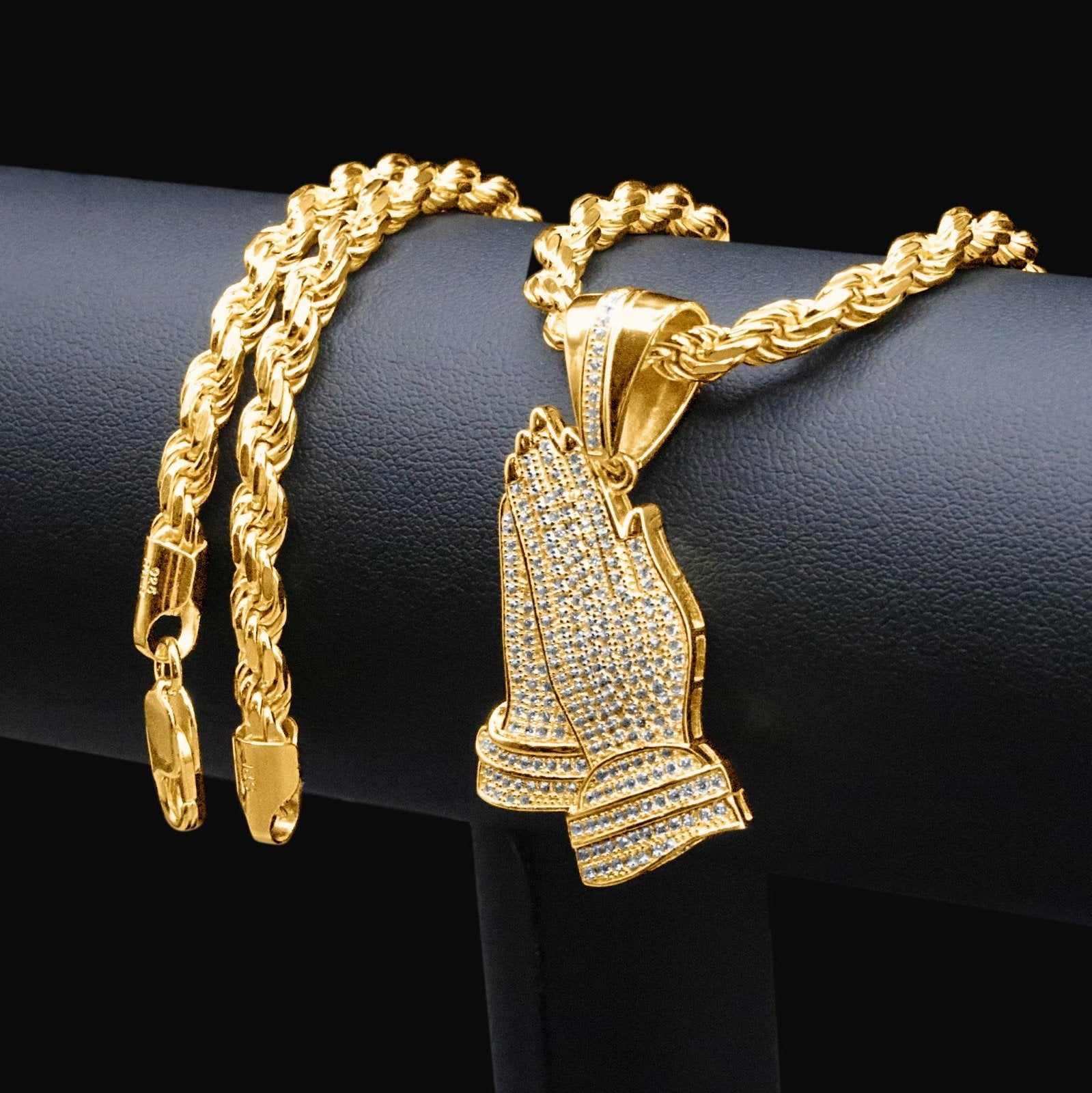 Praying Hands Pendant – Premium CZ – 14K Gold Over 925