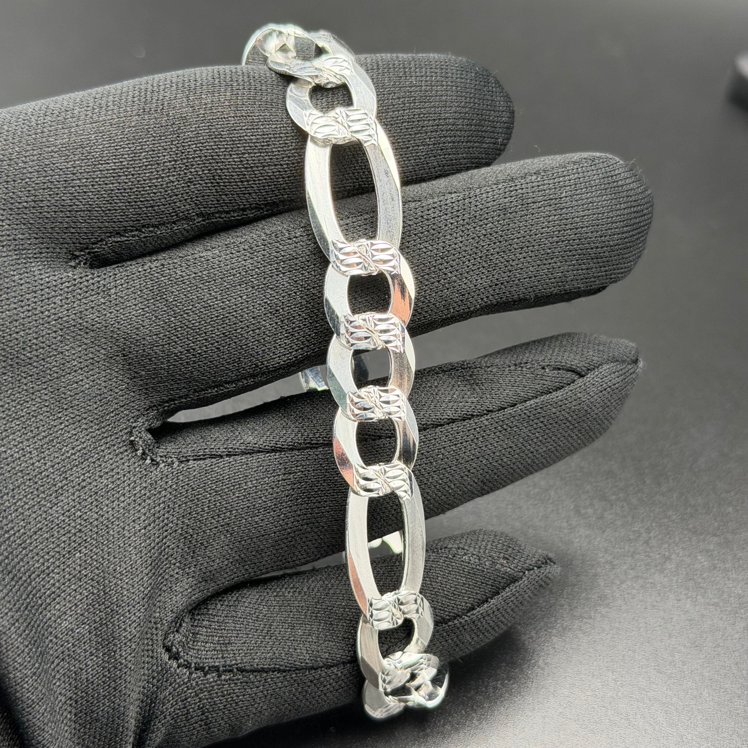 12MM DIAMOND CUT FIGARO BRACELET - STERLING SILVER