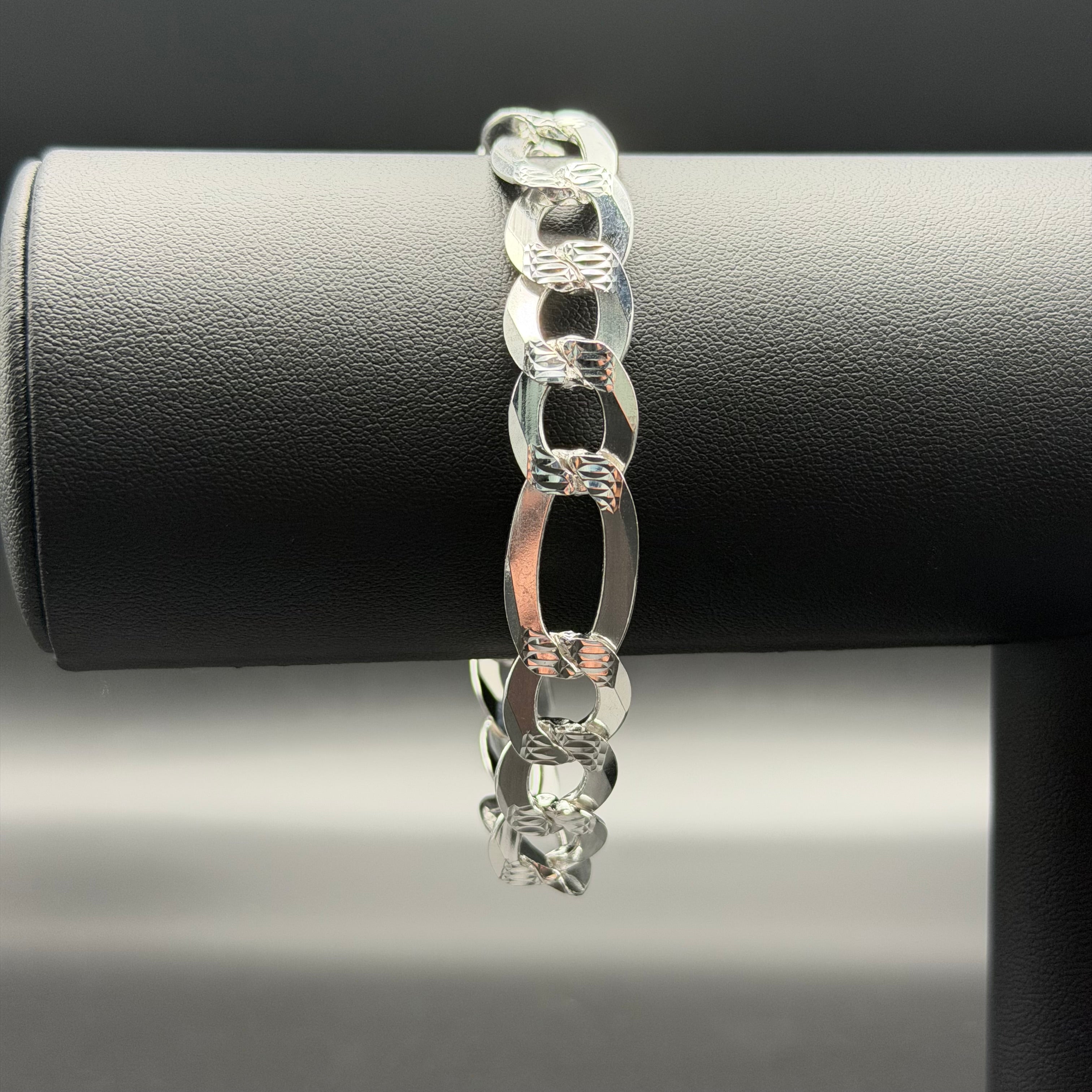 12MM DIAMOND CUT FIGARO BRACELET - STERLING SILVER