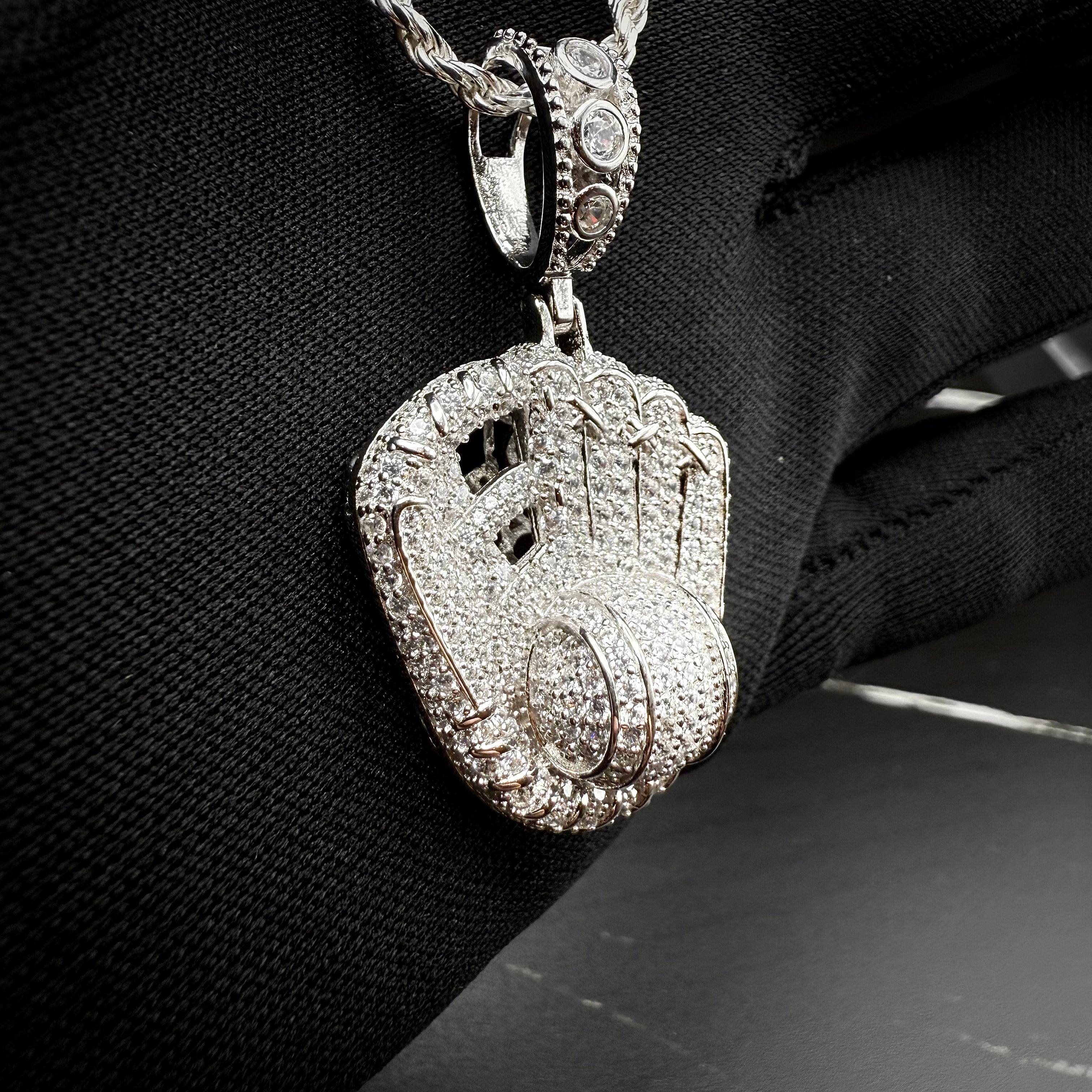 Baseball Glove Pendant – Premium Clear CZ – Sterling Silver