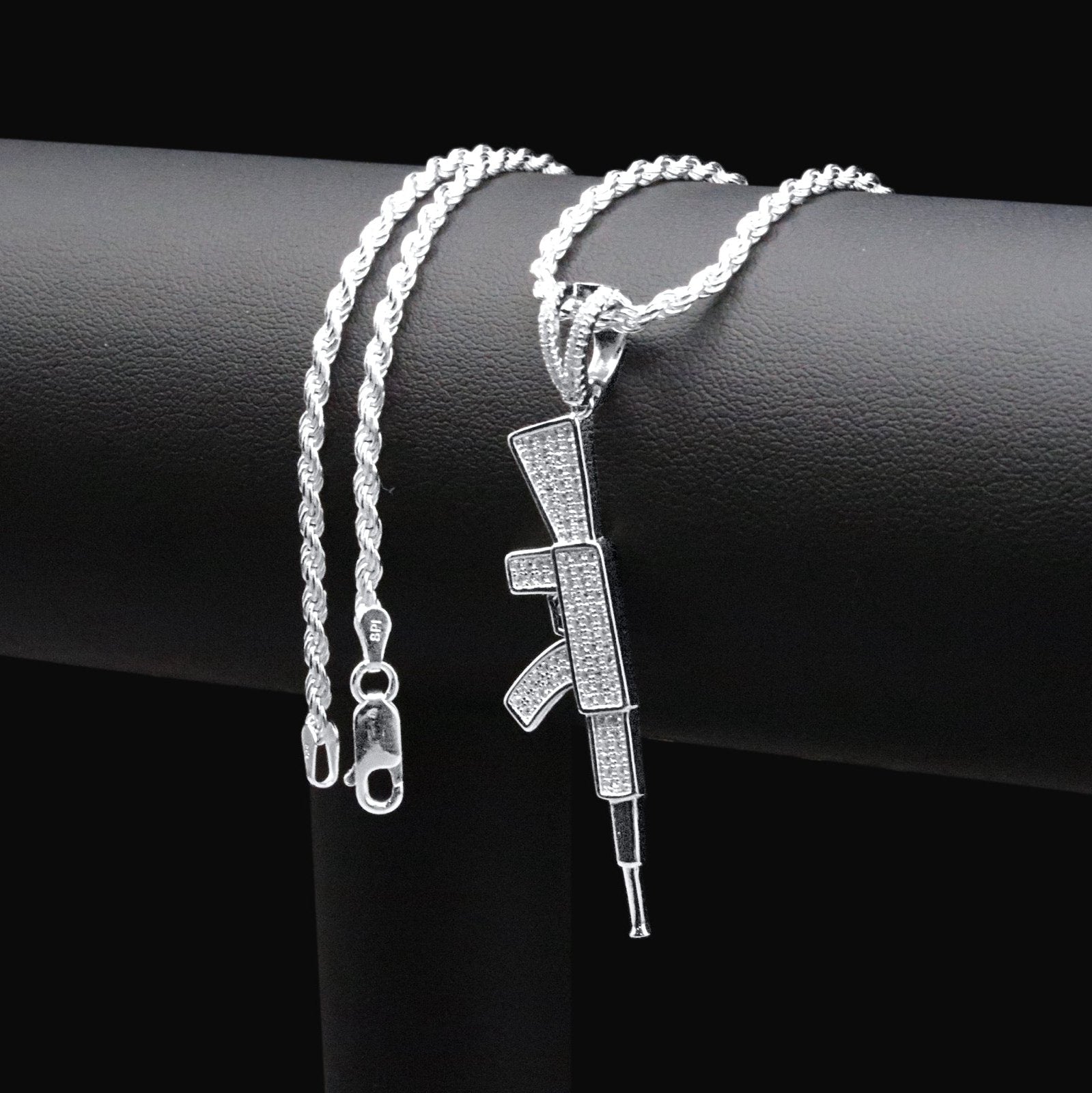 Rifle Gun Pendant – Premium CZ – Sterling Silver