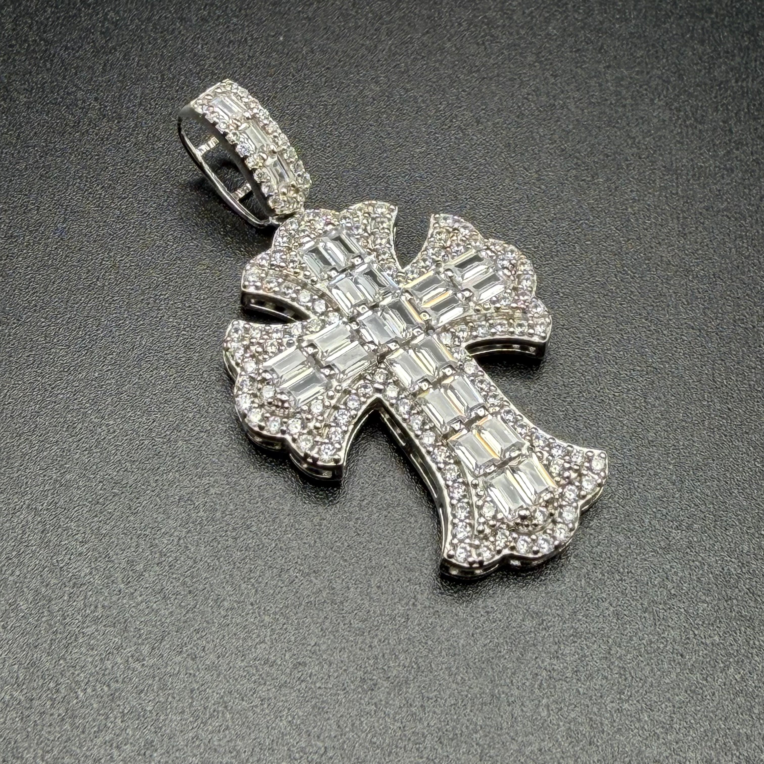FLEUR DE LISS BAGUETTE CROSS PENDANT - PREMIUM CZ - STERLING SILVER