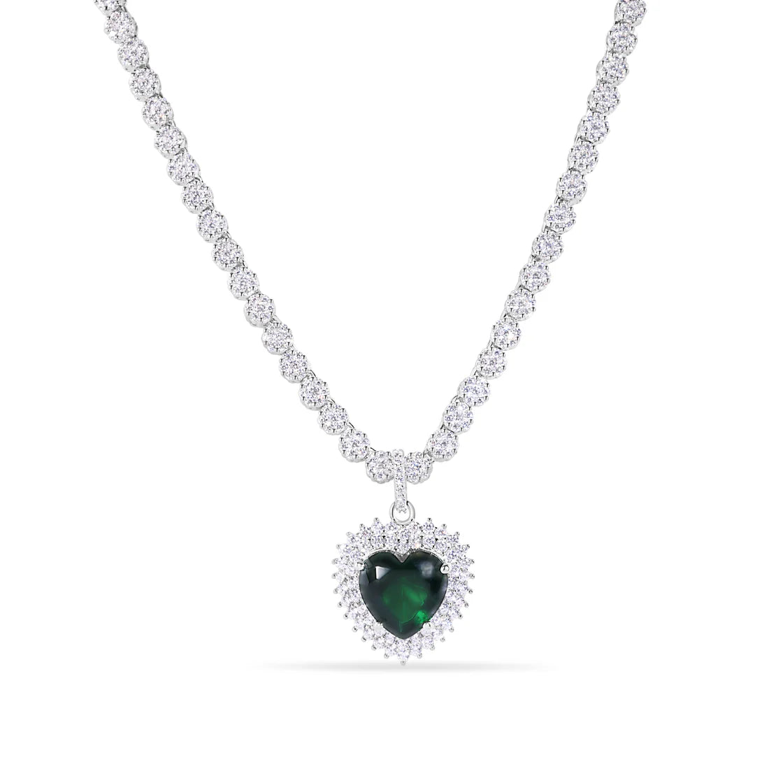 Heart Tennis Necklace – Premium Green CZ – Sterling Silver