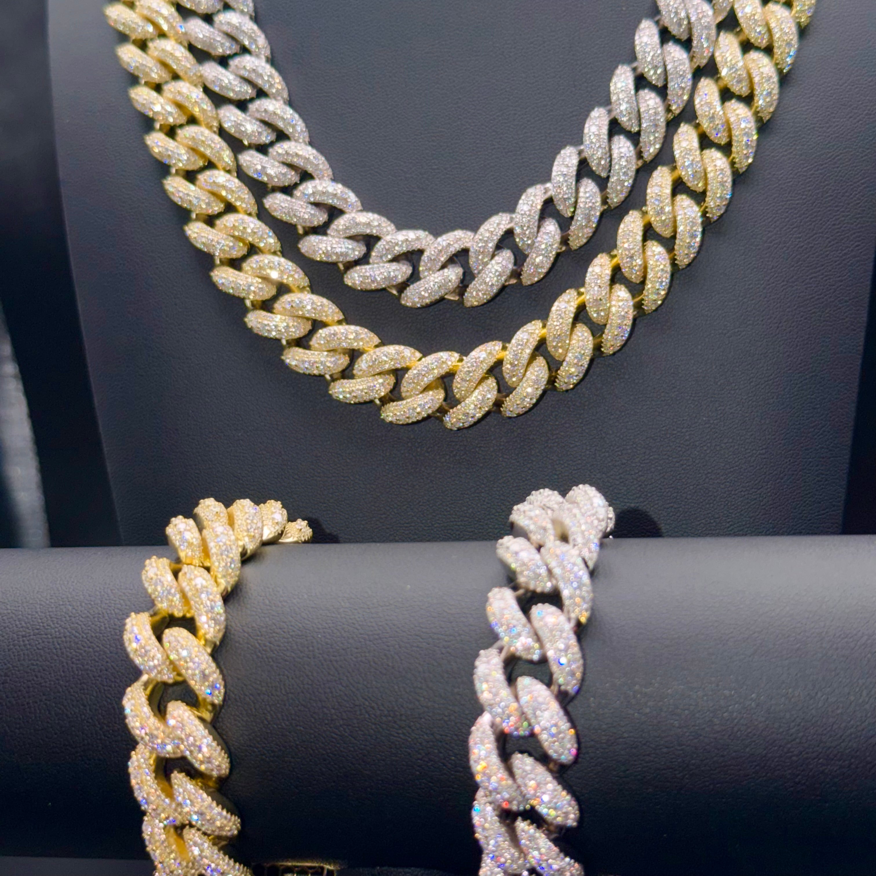 Prestige Big Stone Cuban Chain and Bracelet – VVS Moissanite – Sterling Silver & Gold Over 925