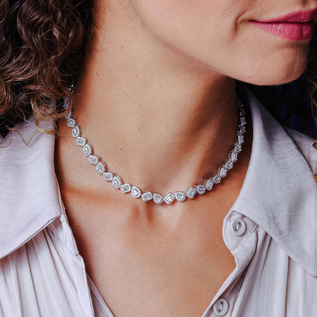 Teardrop & Baguette Tennis Necklace – Premium CZ – Sterling Silver