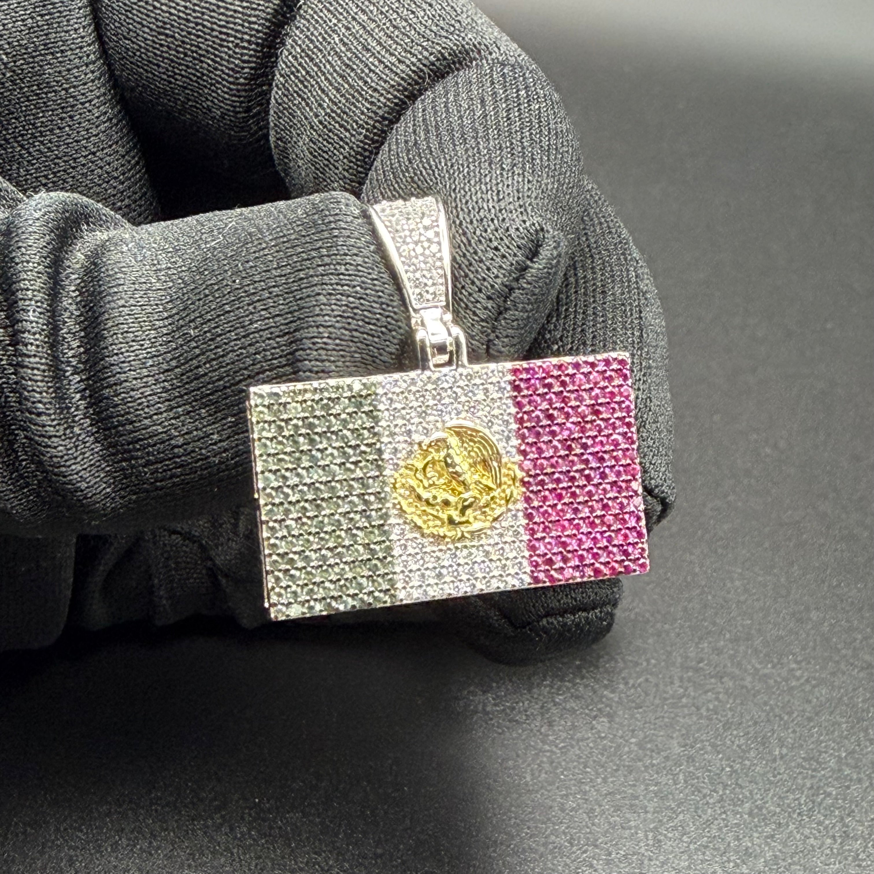 RECTANGUALR MEXICAN FLAG PENDANT - PREMIUM CZ - STERLING SILVER