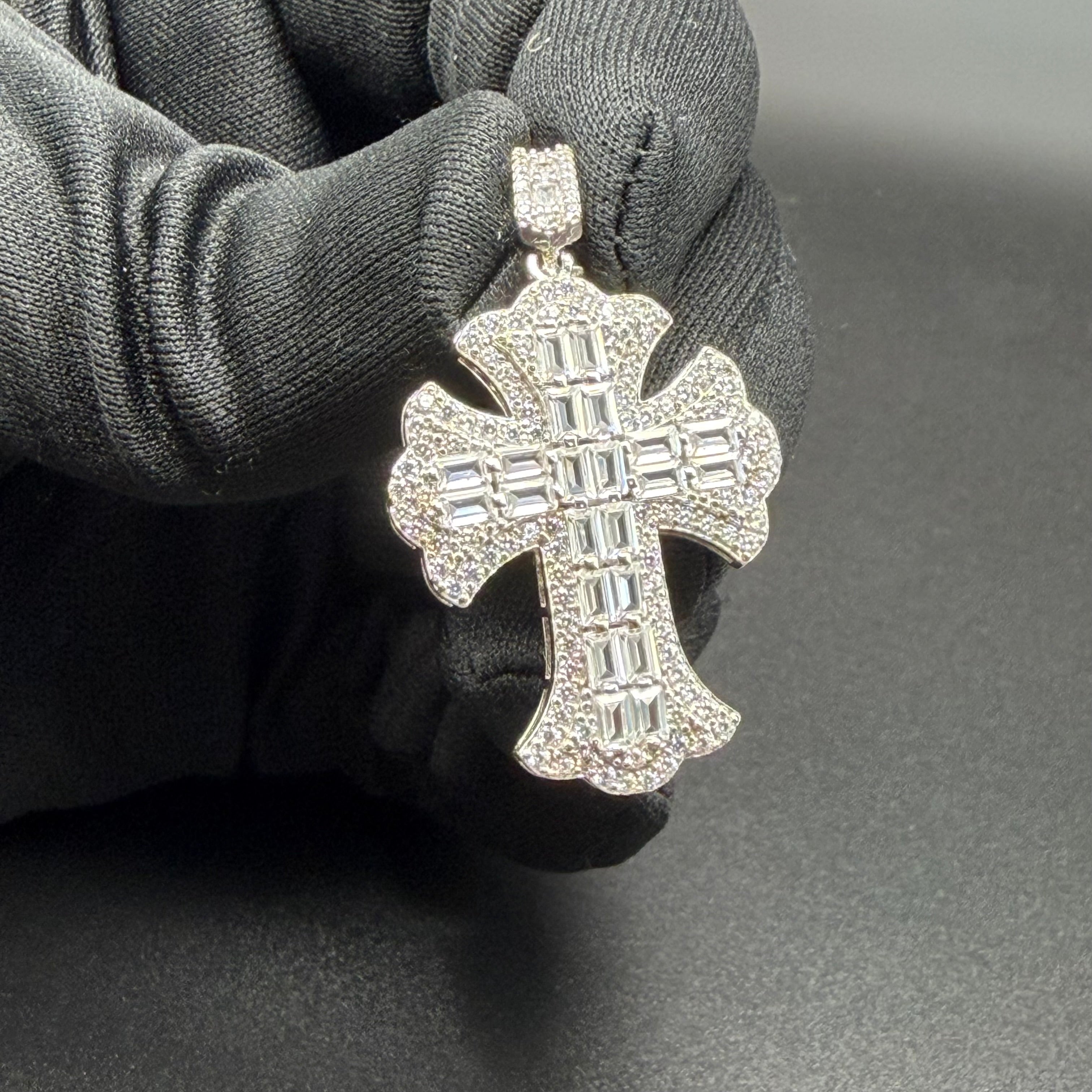FLEUR DE LISS BAGUETTE CROSS PENDANT - PREMIUM CZ - STERLING SILVER