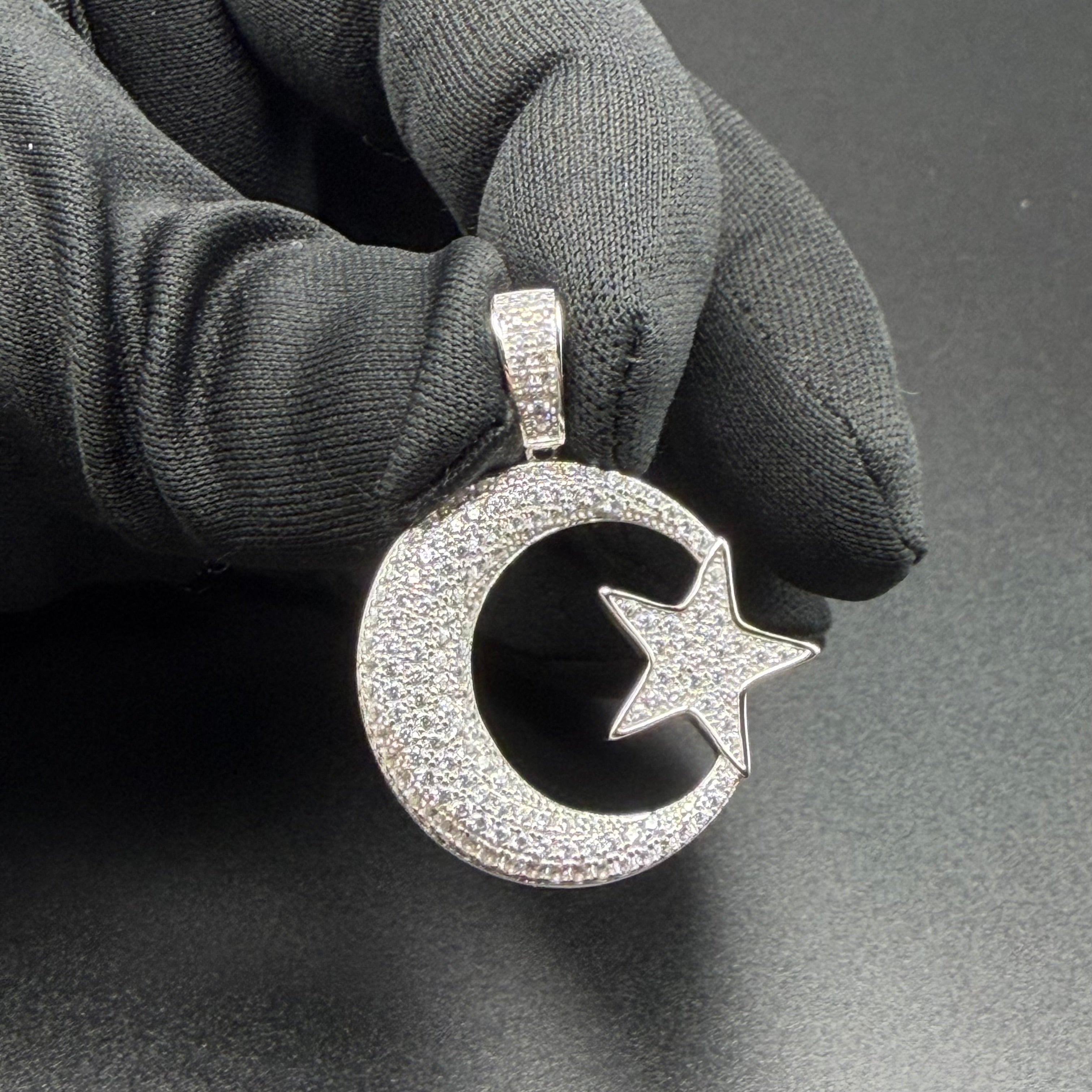 SILVER AND MOON PENDANT - PREMIUM CZ - STERLING SILVER
