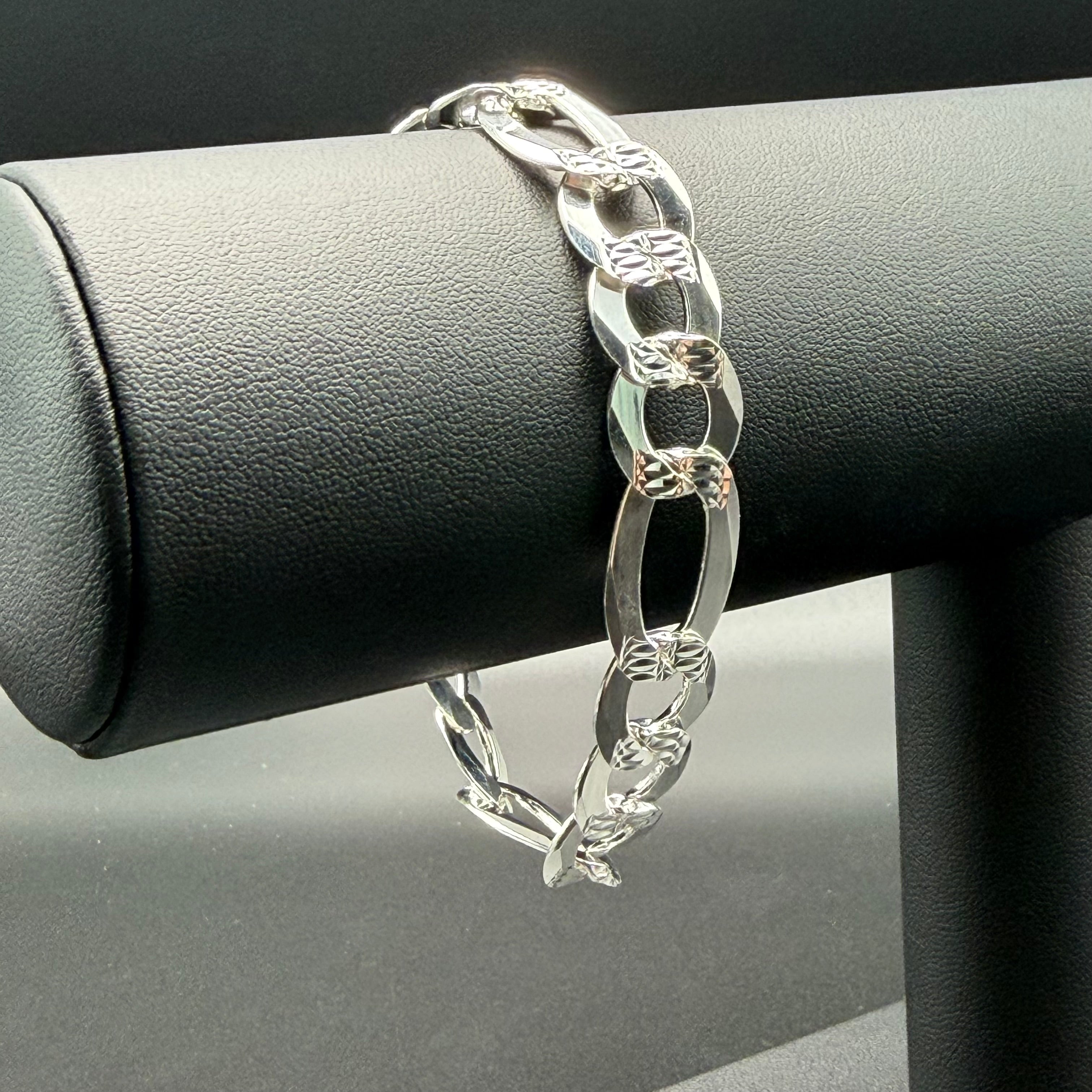 12MM DIAMOND CUT FIGARO BRACELET - STERLING SILVER