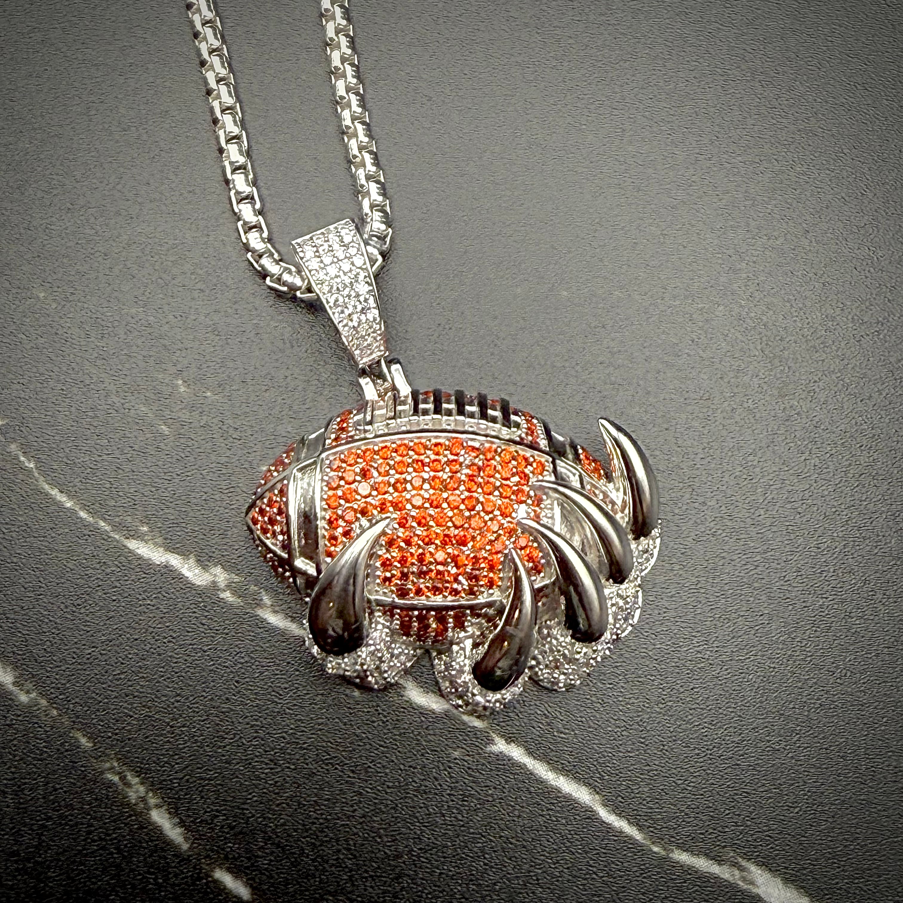 Claw Football Pendant – Premium Clear & Orange CZ – Sterling Silver