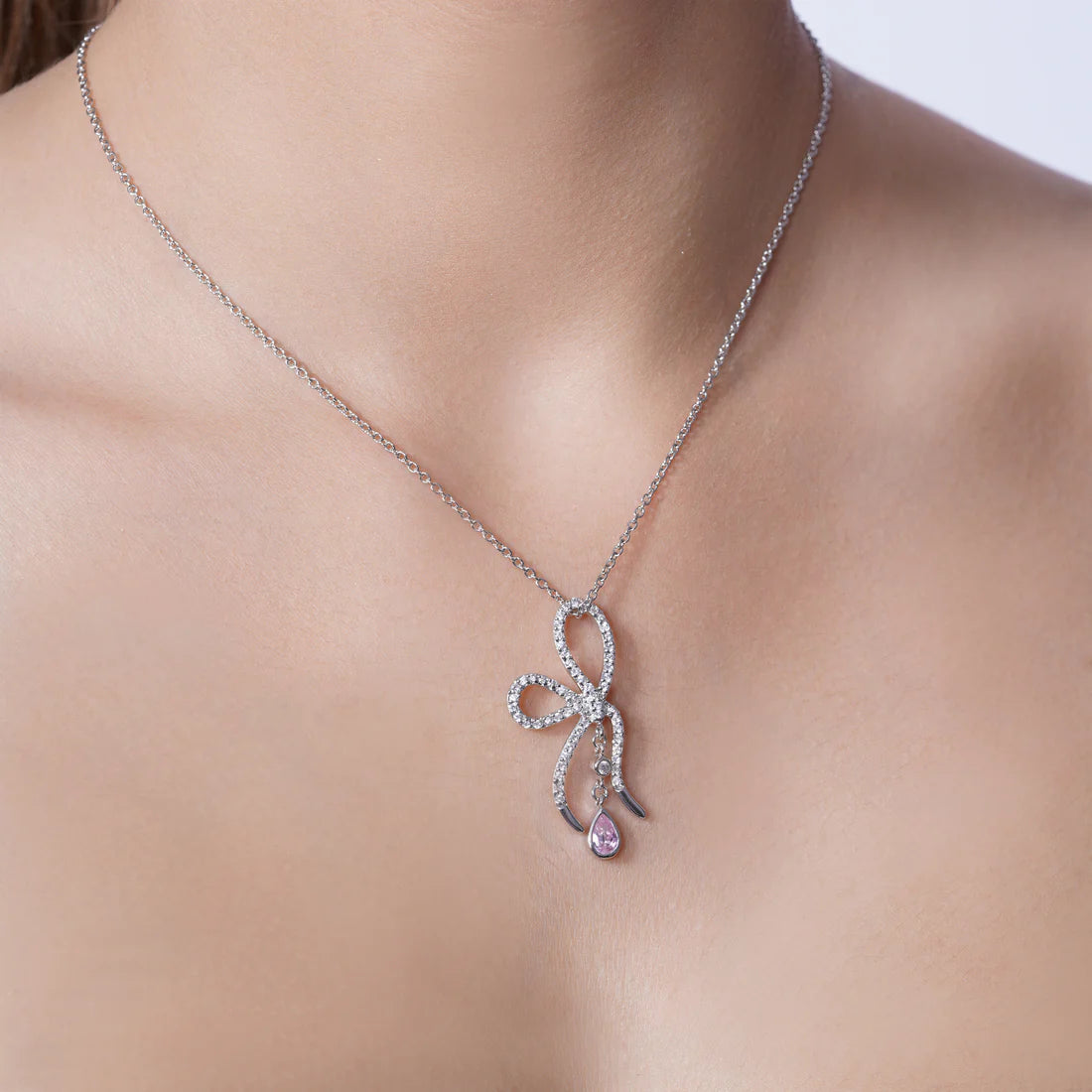 Pink Bow Necklace – Premium CZ – Sterling Silver