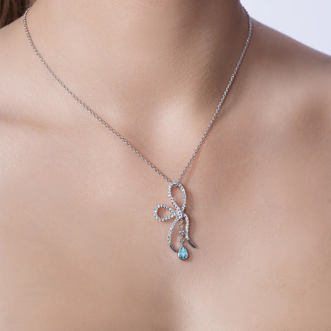 Blue Bow Necklace – Premium CZ – Sterling Silver