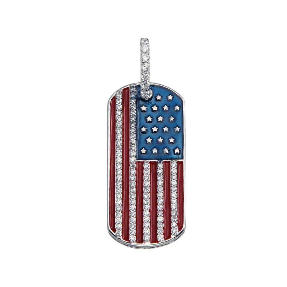 AMERICAN FLAG DOG TAG PENDANT - PREMIUM CZ - STERLING SILVER