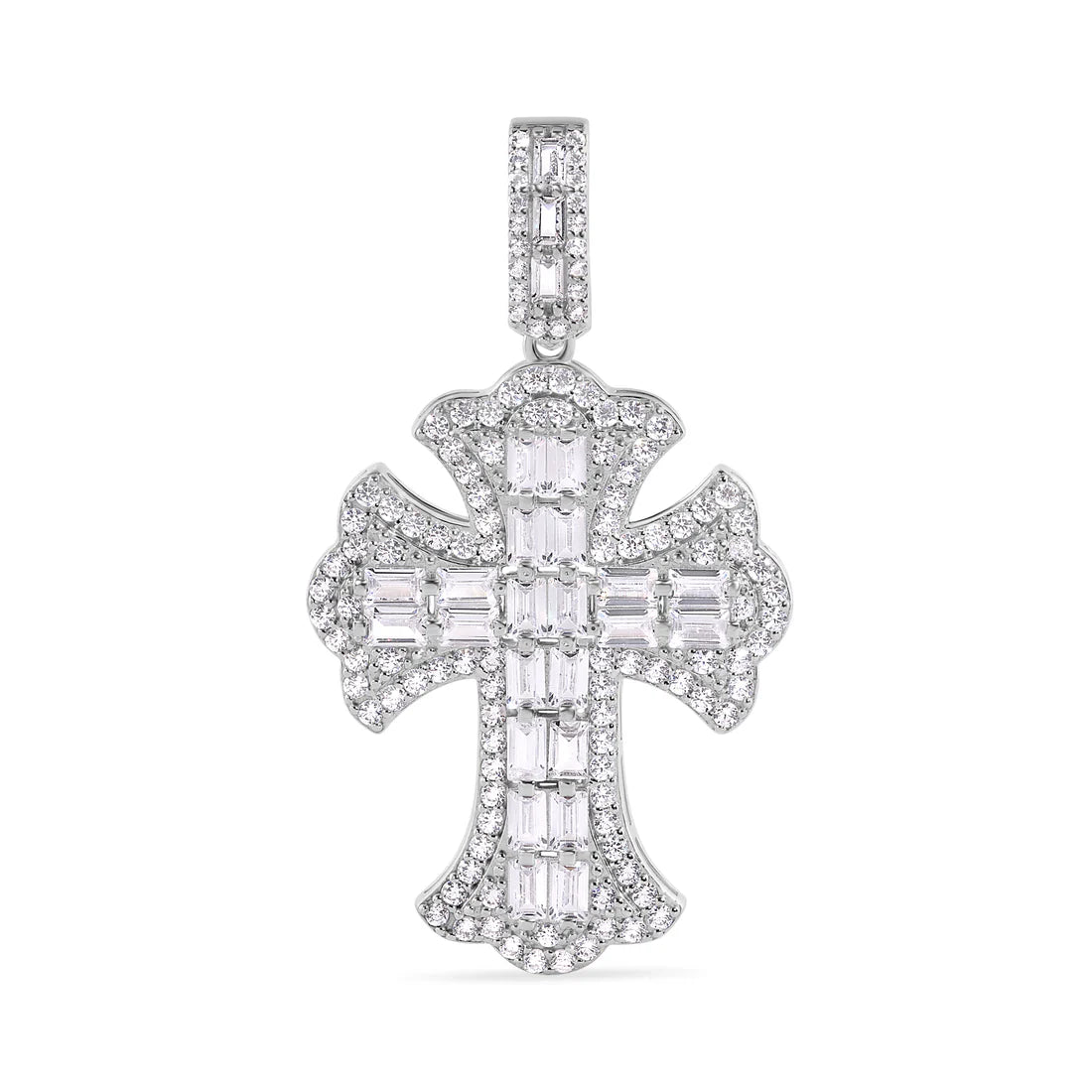 FLEUR DE LISS BAGUETTE CROSS PENDANT - PREMIUM CZ - STERLING SILVER