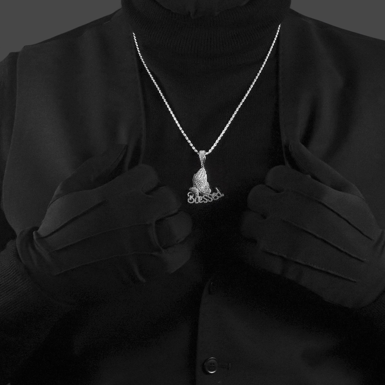 Blessed Prayer Hands Pendant – Premium CZ – Sterling Silver