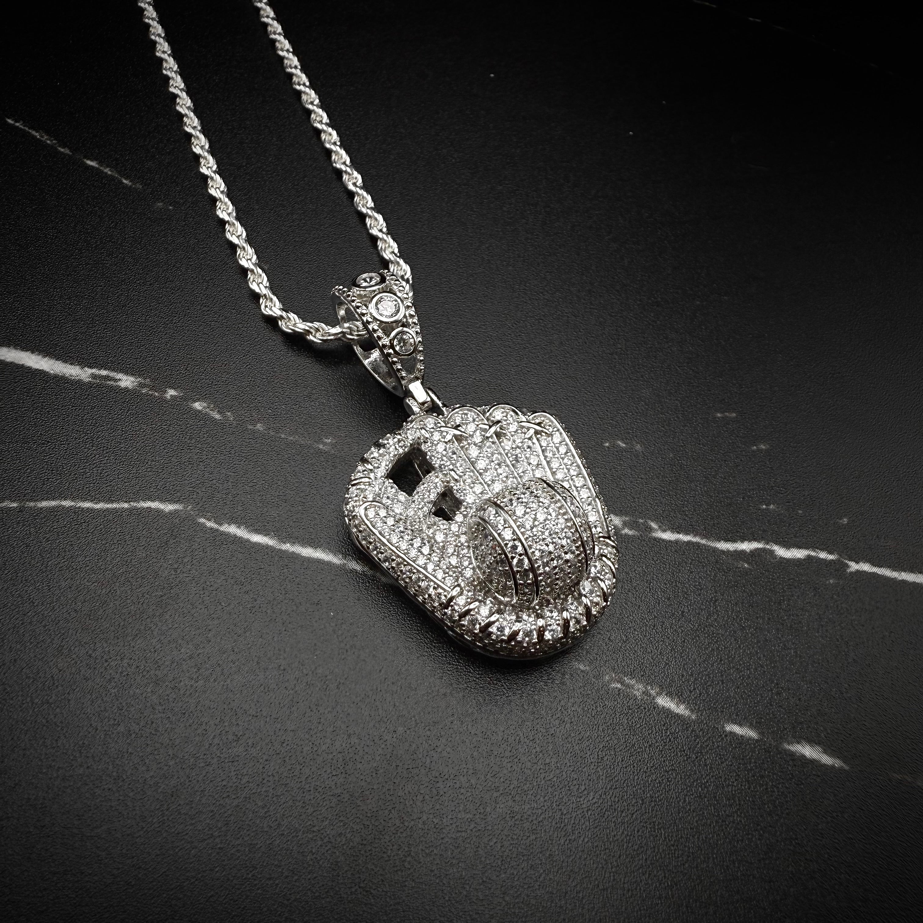 BASEBALL GLOVES CLEAR CZ PENDANT - sterling silver