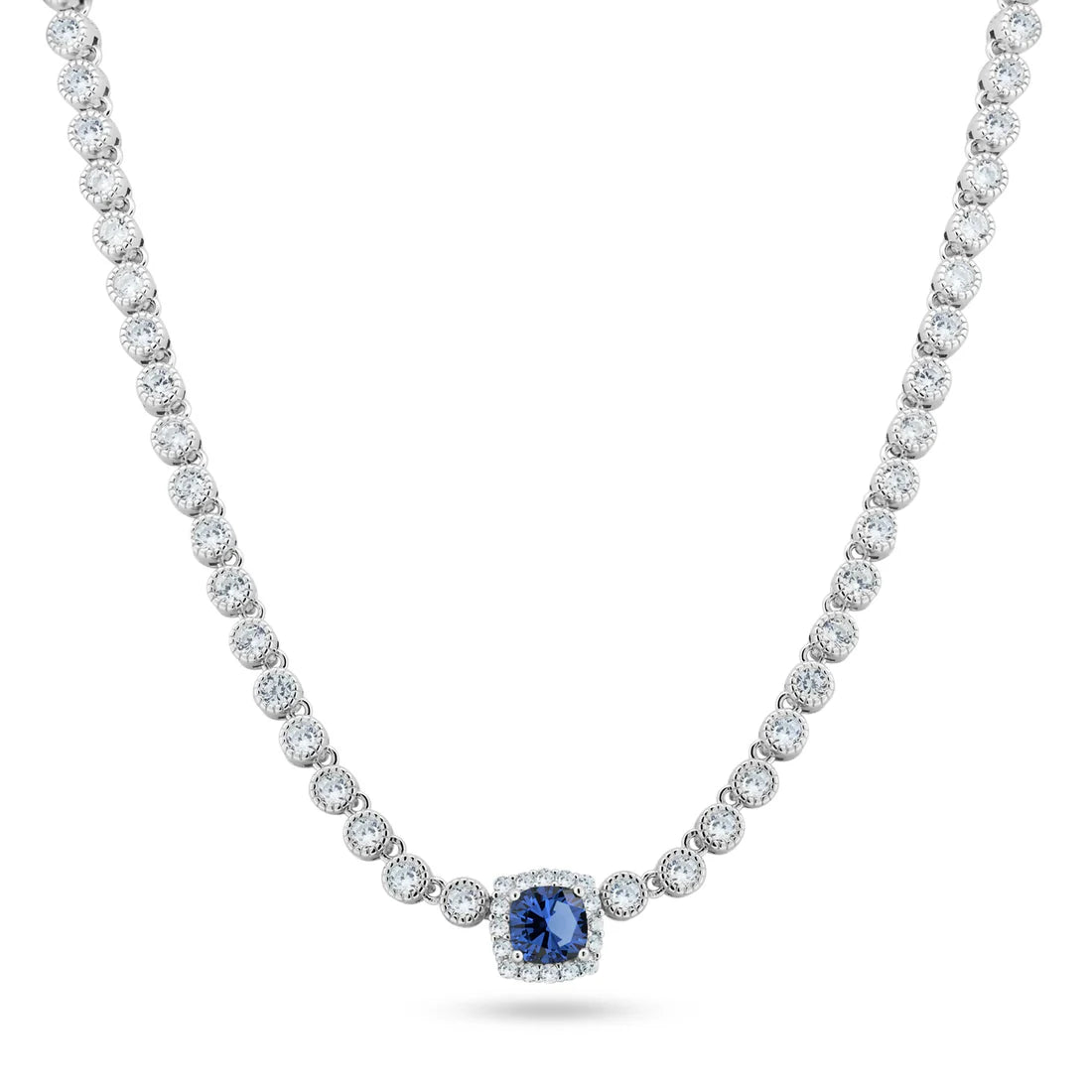 Royal Blue Halo Necklace – Premium CZ – Sterling Silver