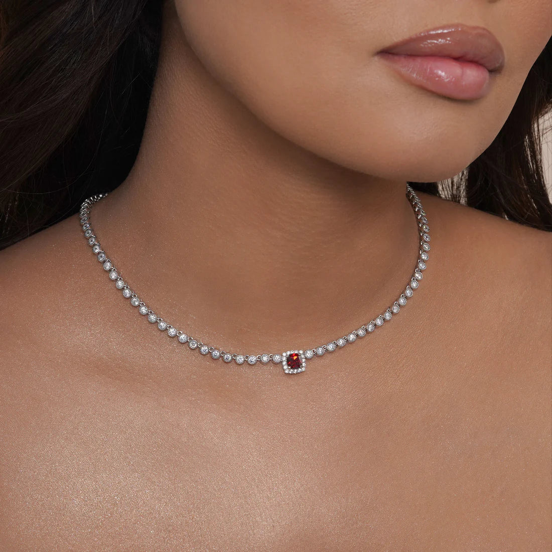 Red Halo Necklace – Premium CZ – Sterling Silver