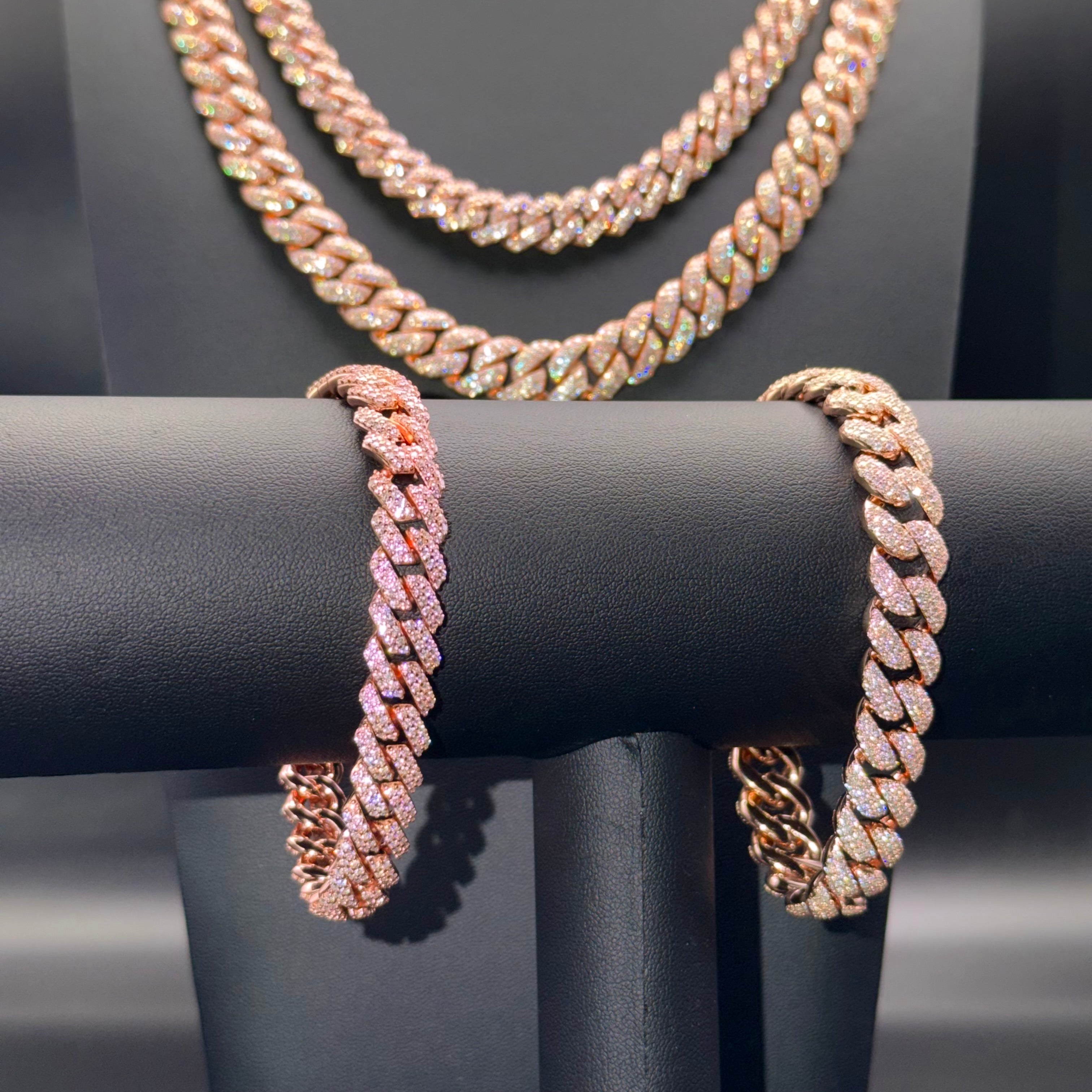 Prestige Rose Gold Cuban Chain and Bracelet – VVS Moissanite – Sterling Silver