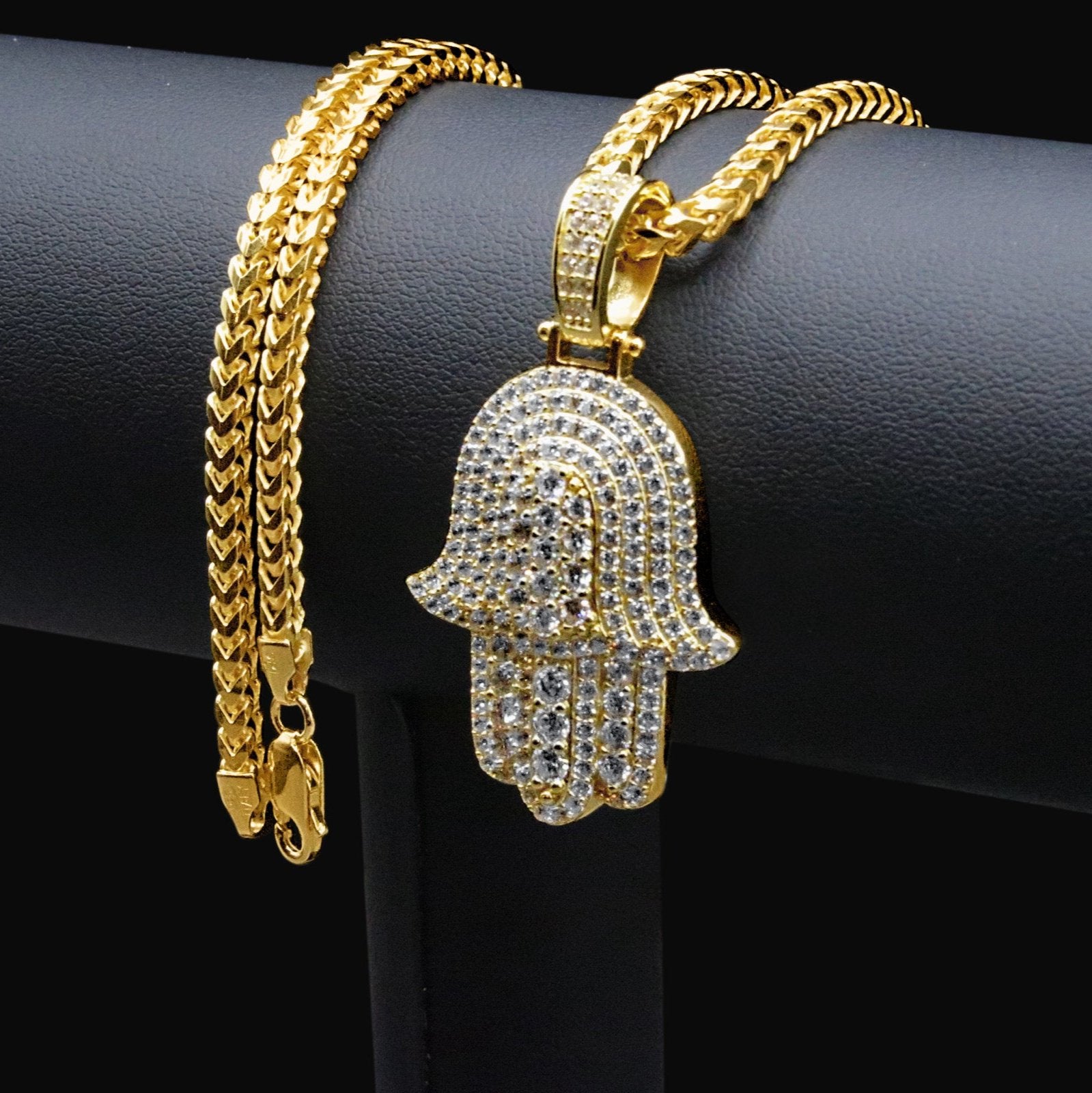 Iced Hamsa Hand Pendant (Gold)