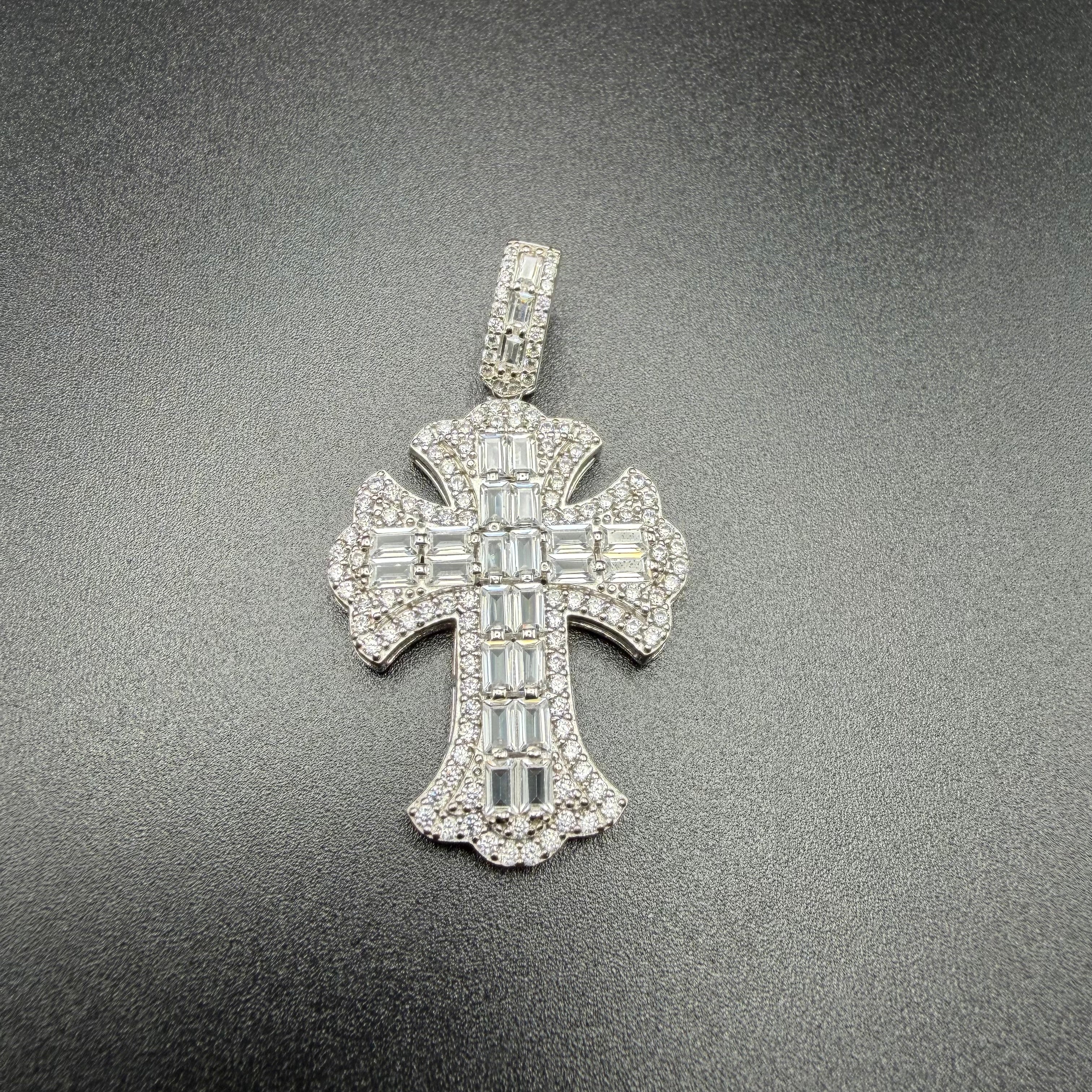 FLEUR DE LISS BAGUETTE CROSS PENDANT - PREMIUM CZ - STERLING SILVER