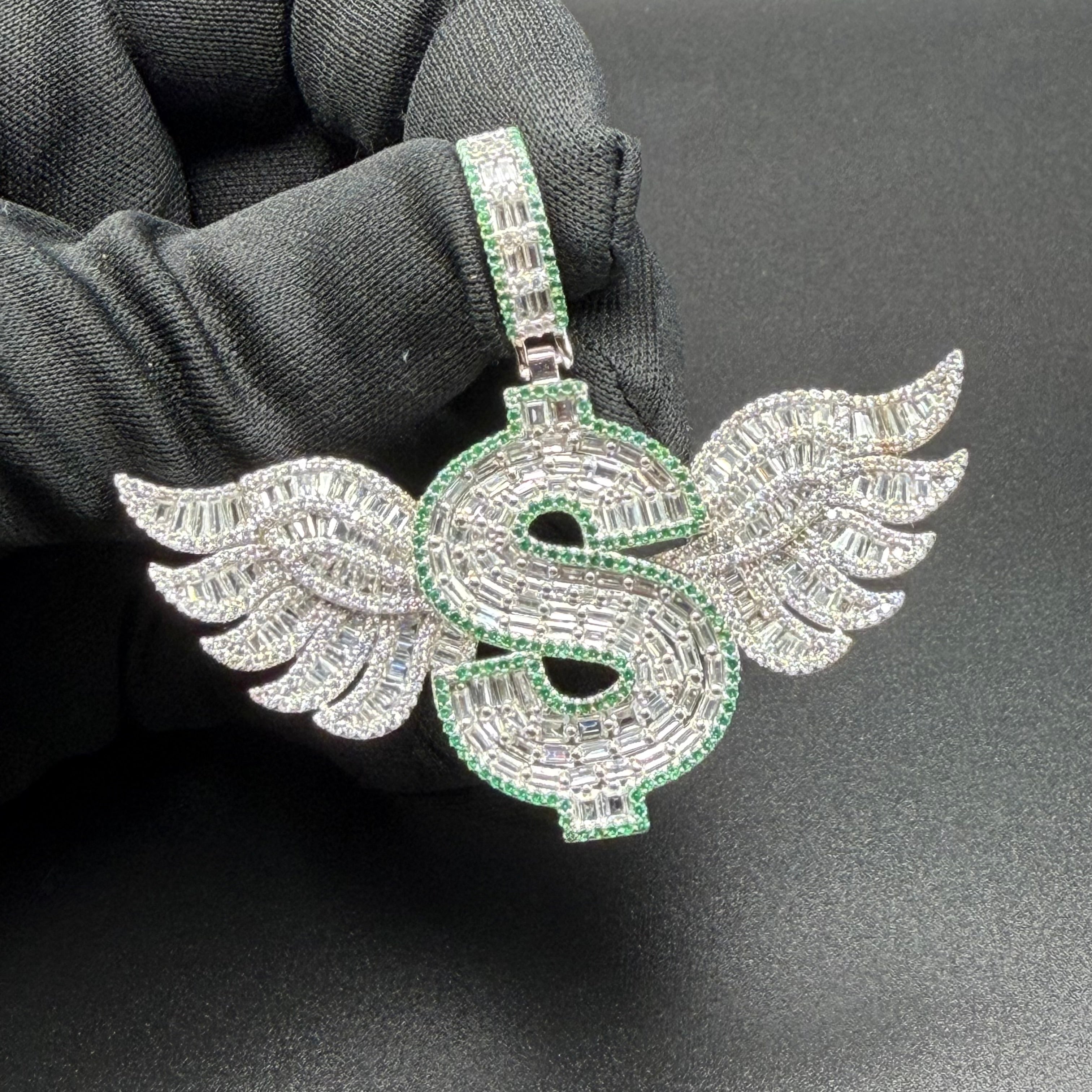 DOLLAR SIGN WINGS - PREMIUM CZ - STERLING SILVER