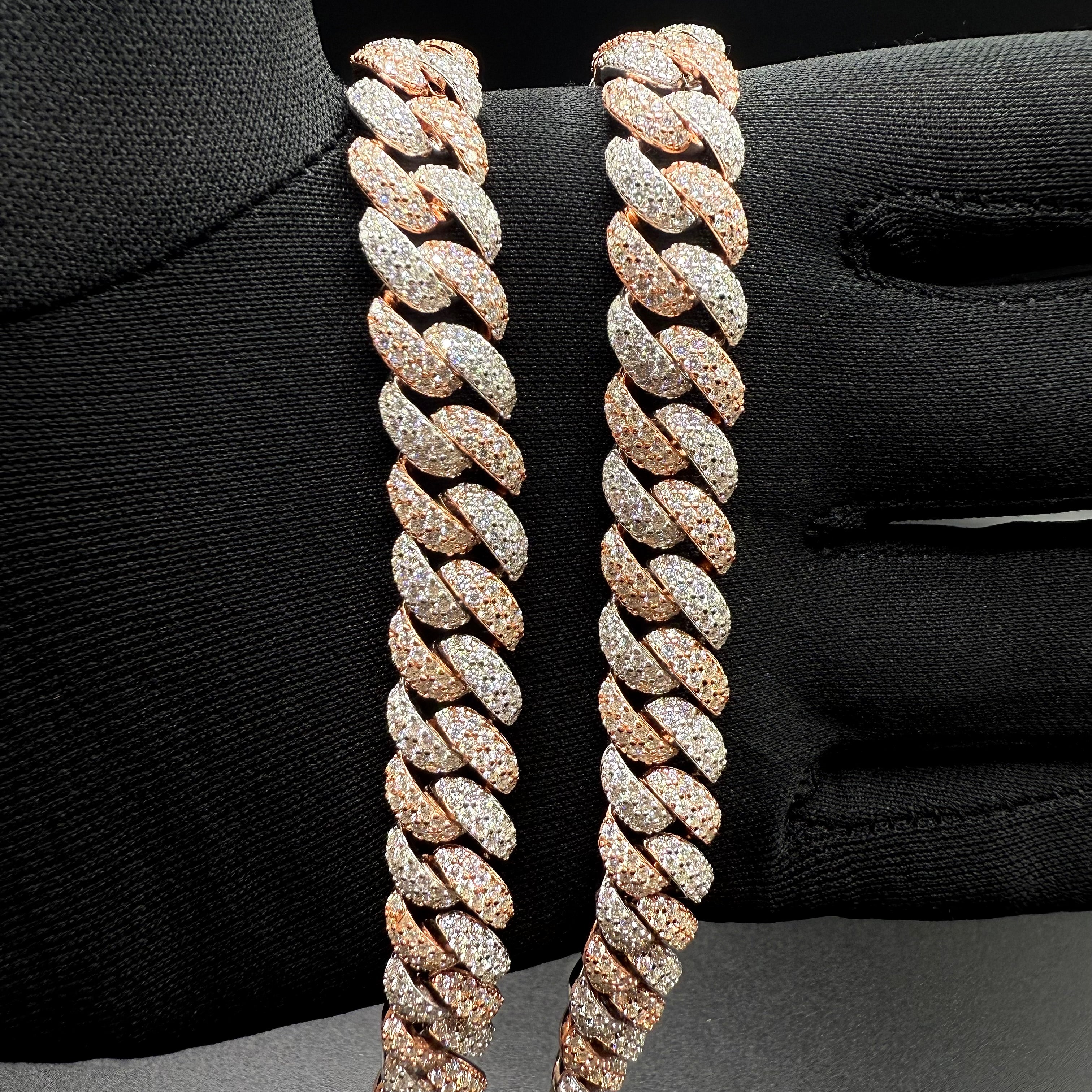 12MM Miami Cuban Chain – Moissanite – Two Tone Rose Gold – Sterling Silver