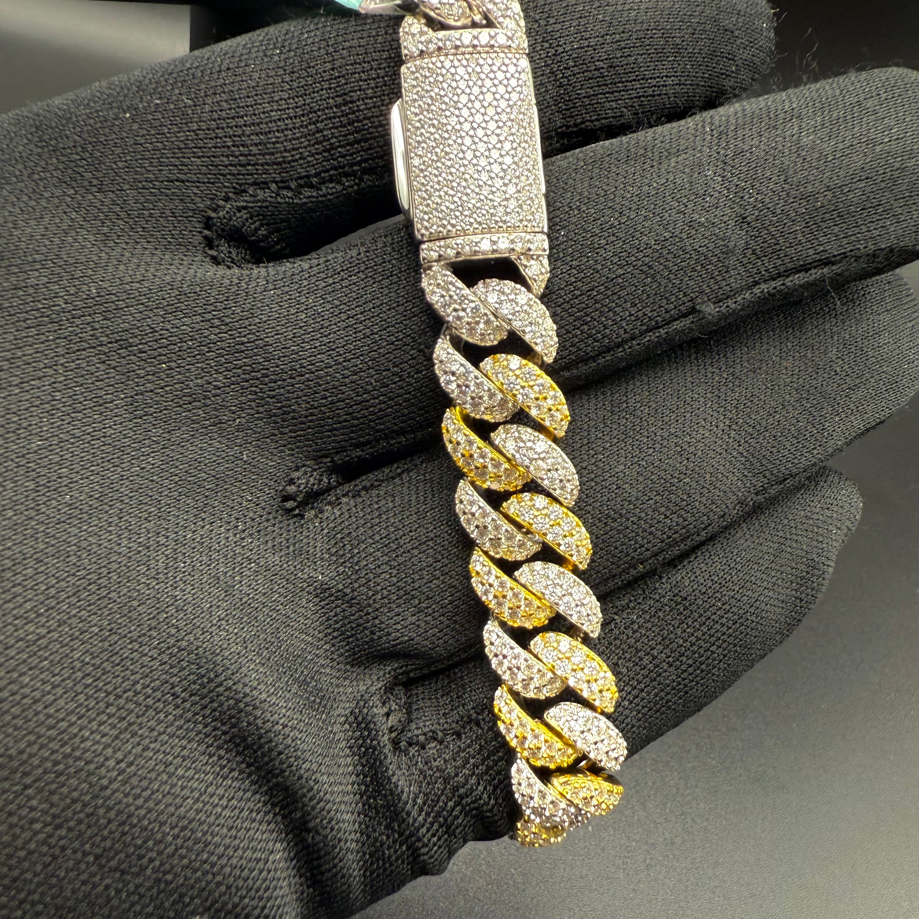 12MM Miami Cuban Bracelet – Moissanite – Two Tone Gold – Sterling Silver