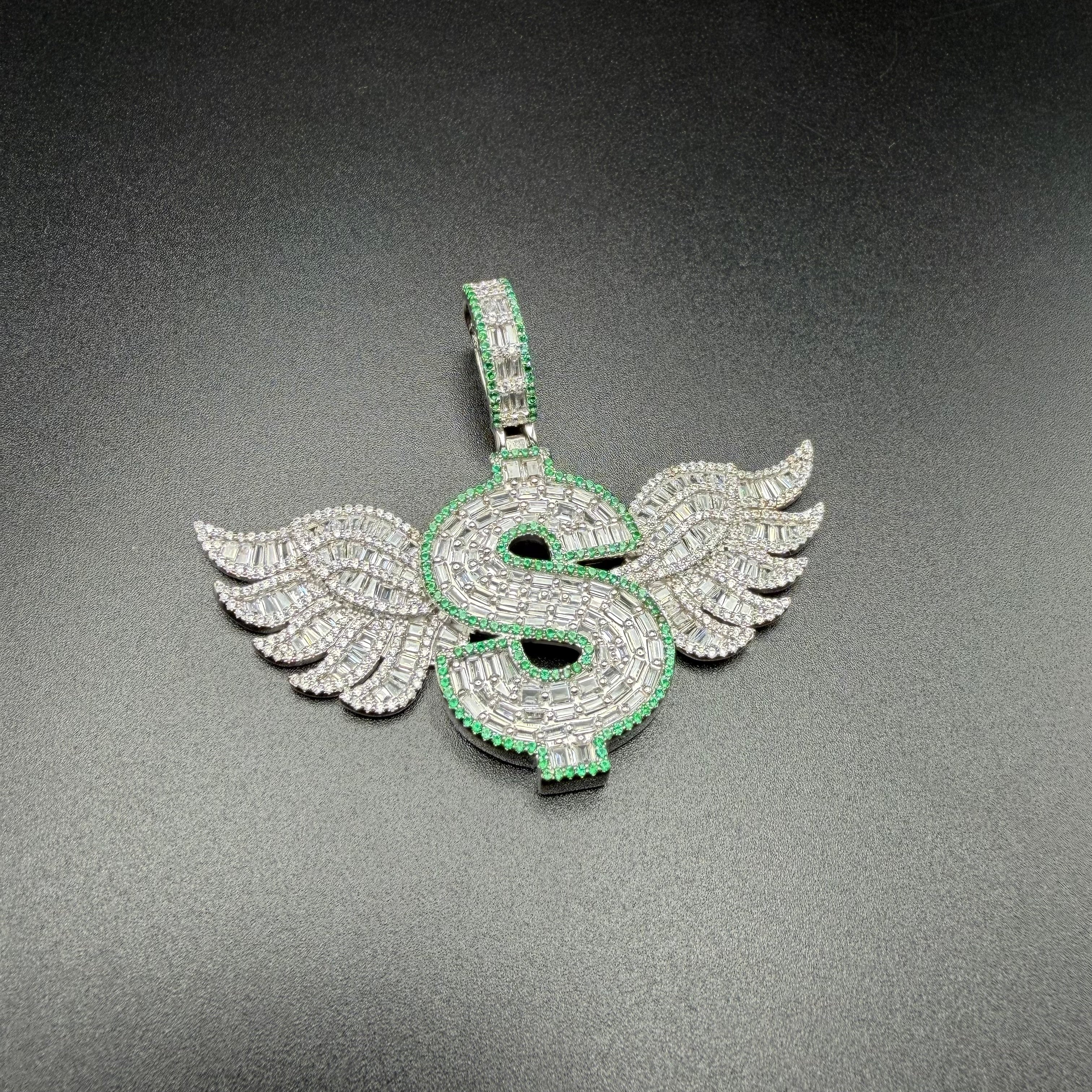 DOLLAR SIGN WINGS - PREMIUM CZ - STERLING SILVER