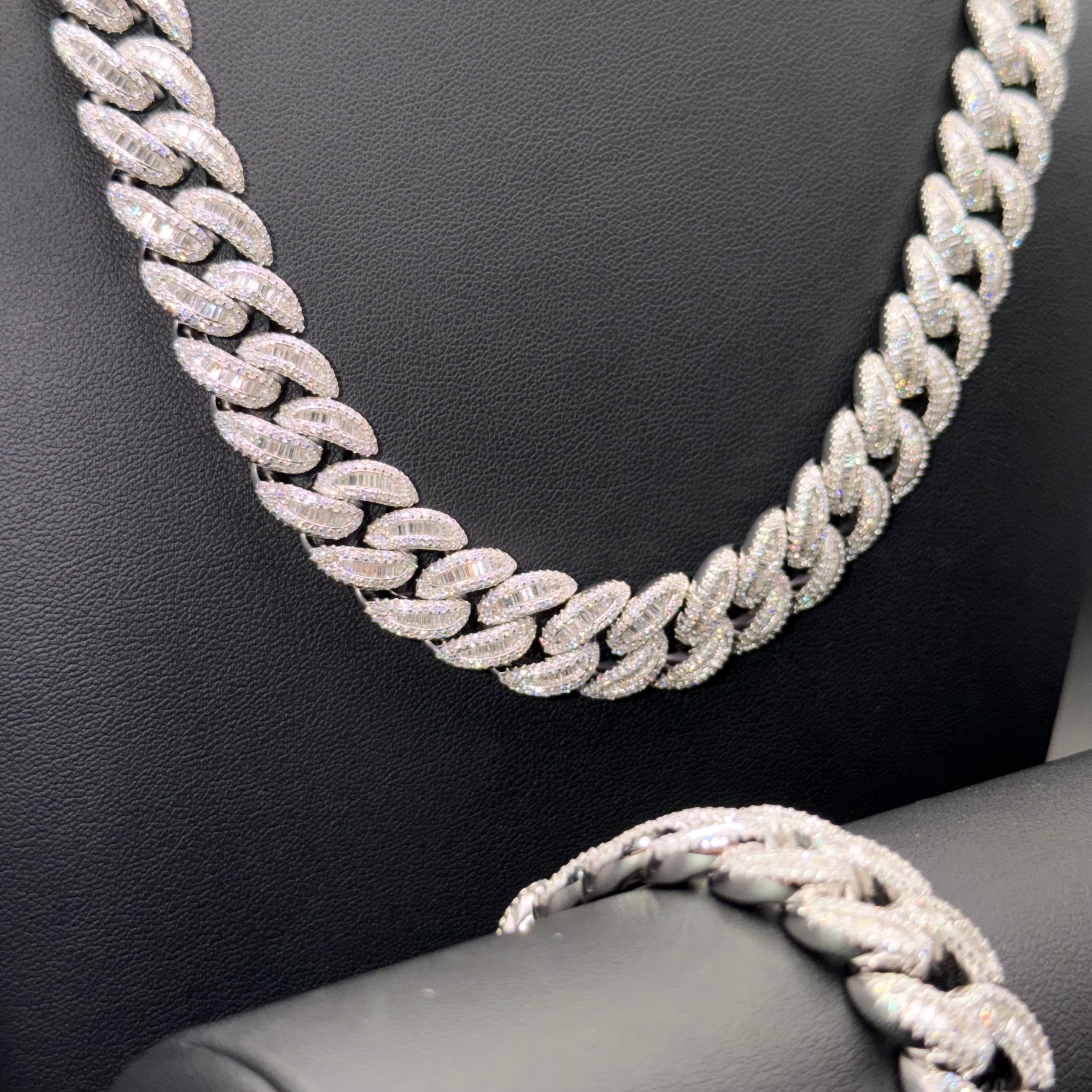 Prestige Baguette Cuban Chain and Bracelet – VVS Moissanite – Sterling Silver