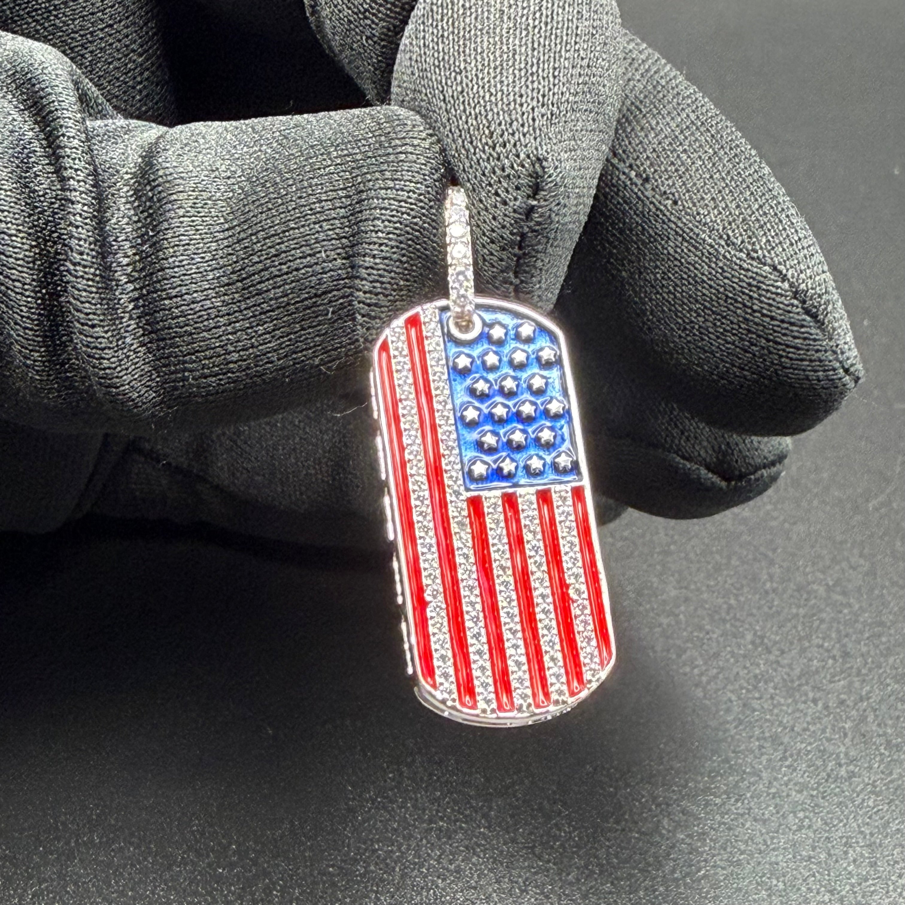 AMERICAN FLAG DOG TAG PENDANT - PREMIUM CZ - STERLING SILVER