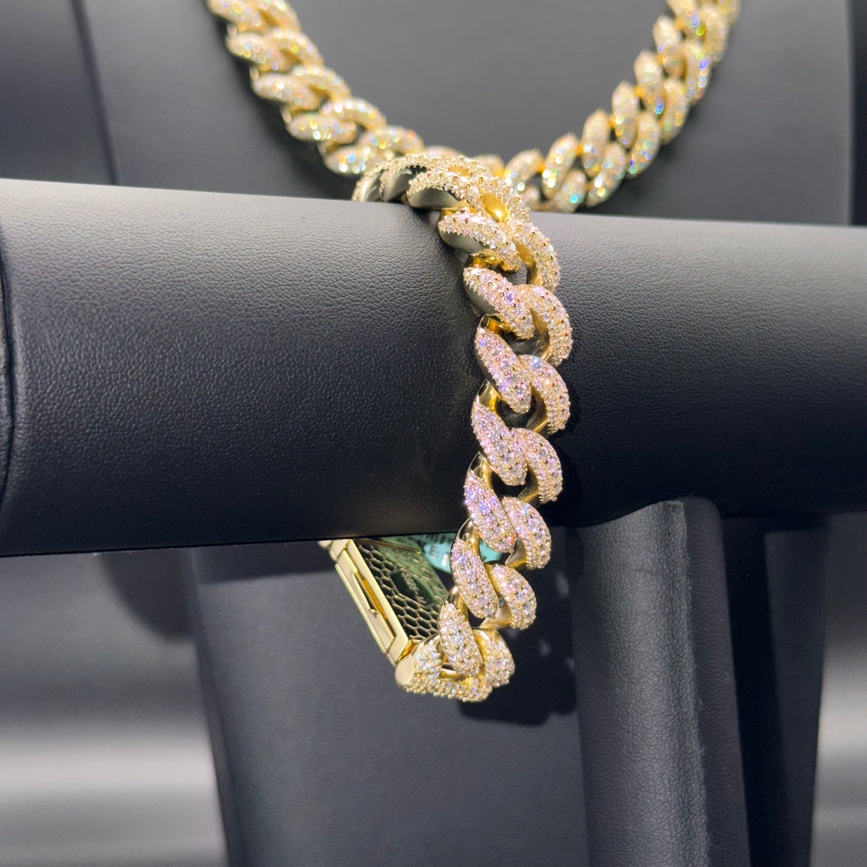 Prestige Big Stone Cuban Chain and Bracelet – VVS Moissanite – Sterling Silver & Gold Over 925