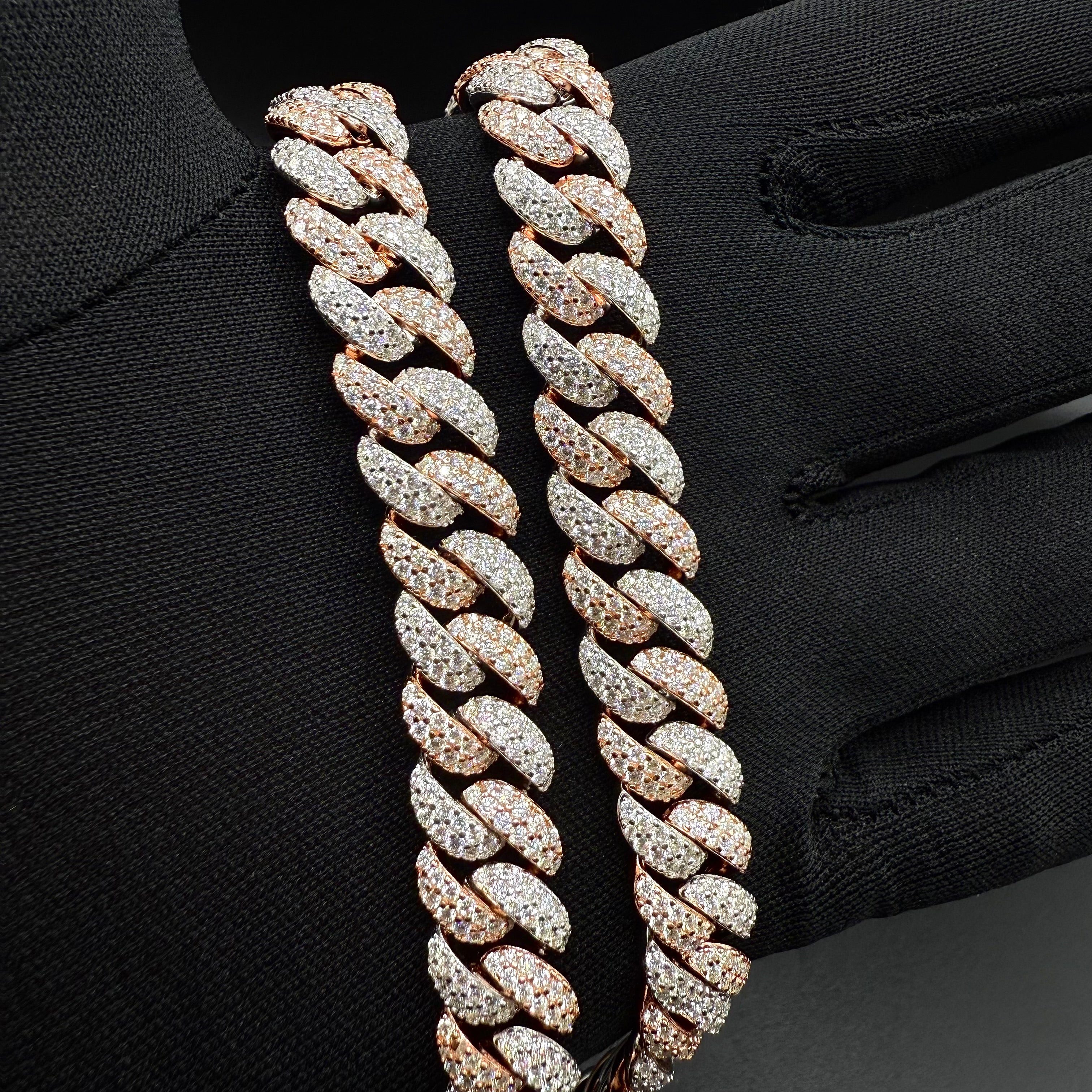 12MM Miami Cuban Chain – Moissanite – Two Tone Rose Gold – Sterling Silver