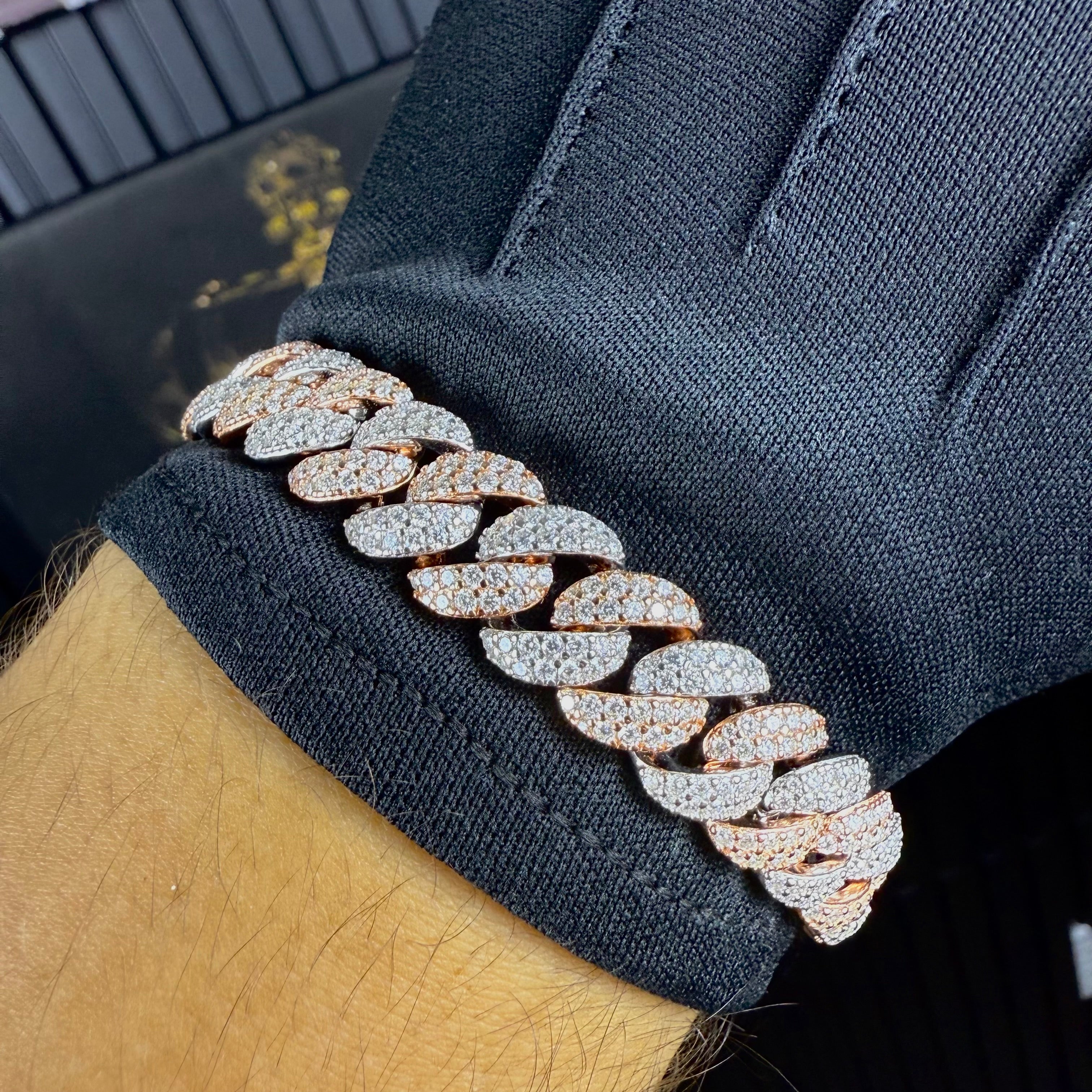 12MM Miami Cuban Bracelet – Moissanite – Two Tone Rose Gold – Sterling Silver