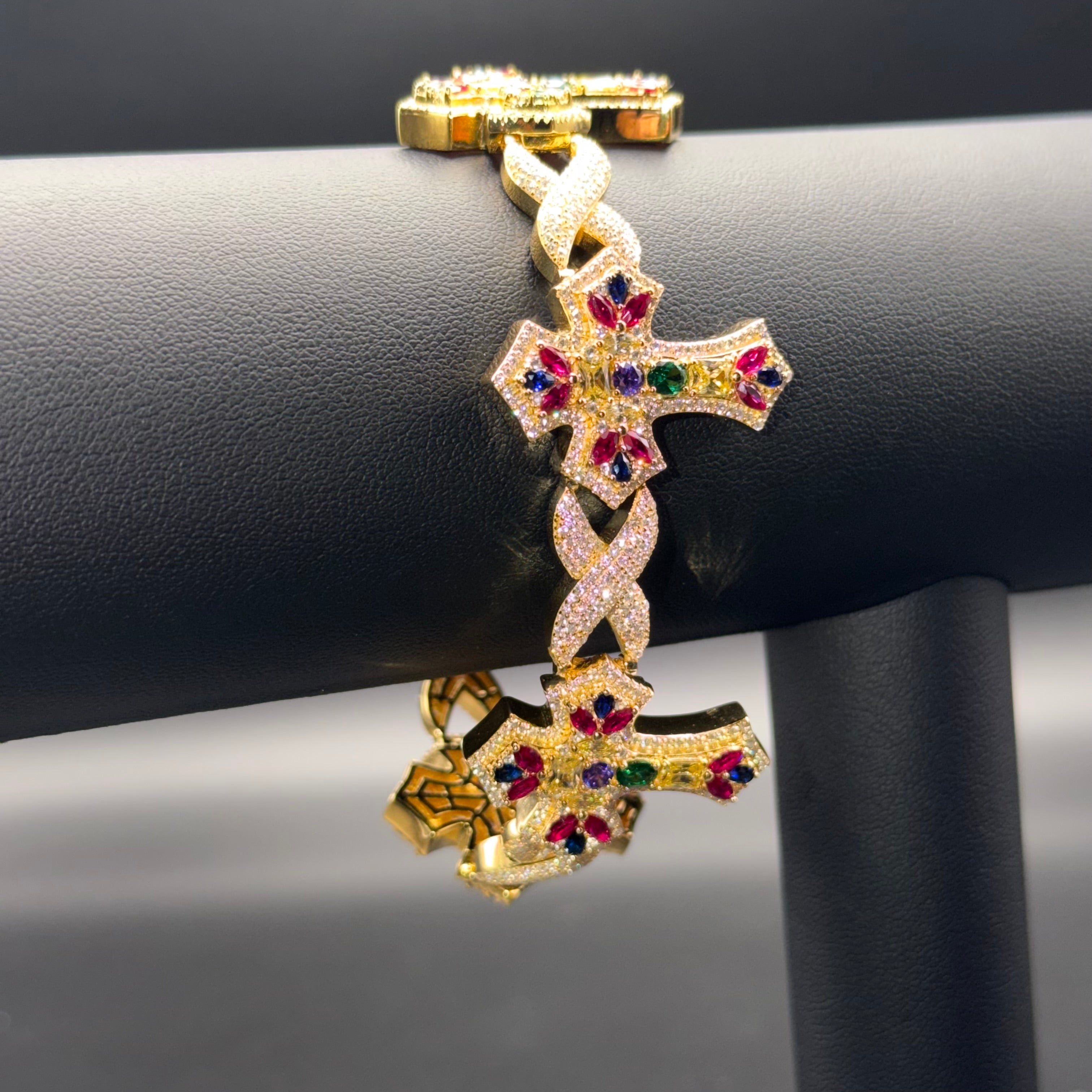 Prestige Designer Cross Bracelet – VVS Moissanite – Sterling Silver and Gold over 925