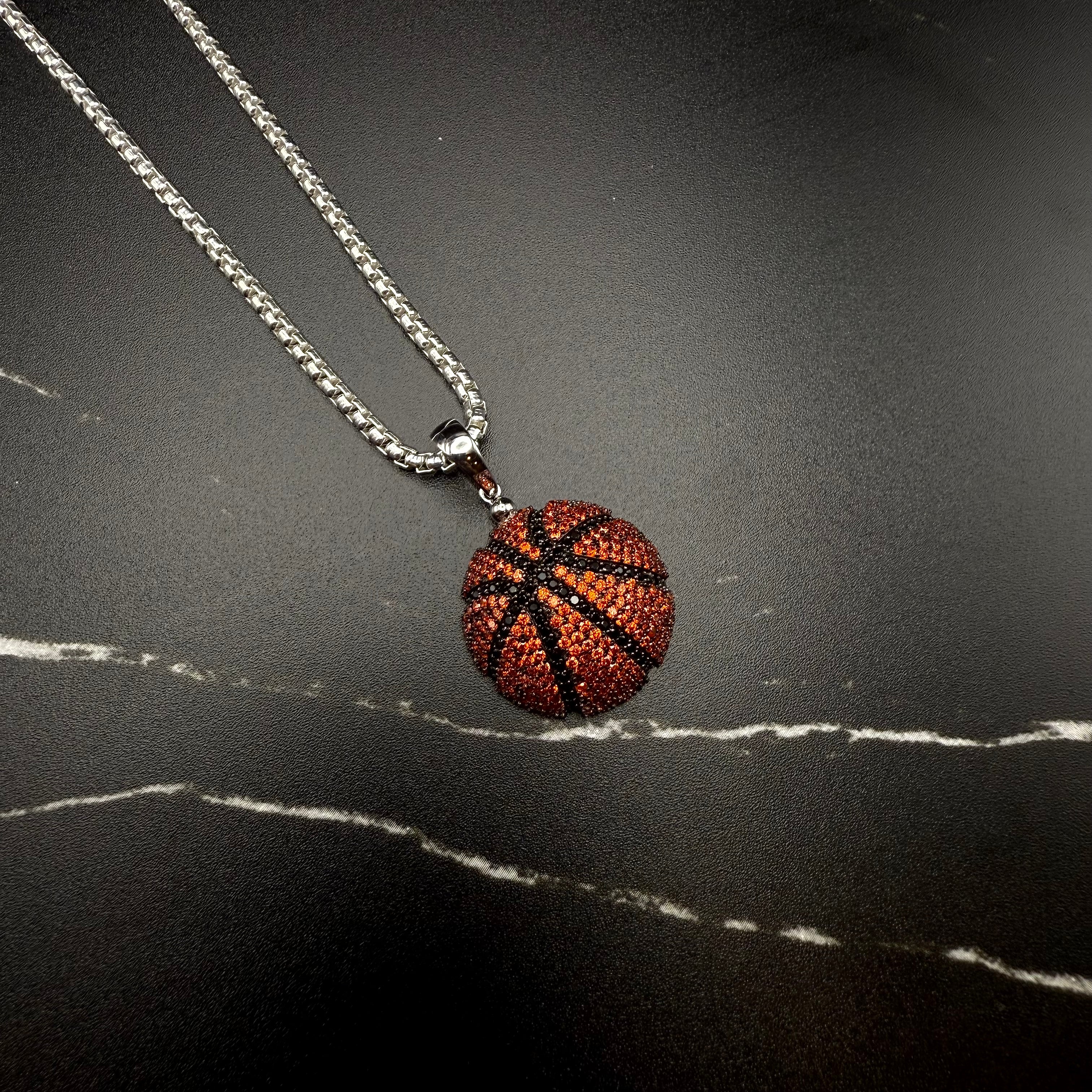 BASKETBALL BLACK AND ORANGE CZ PENDANT - Sterling Silver