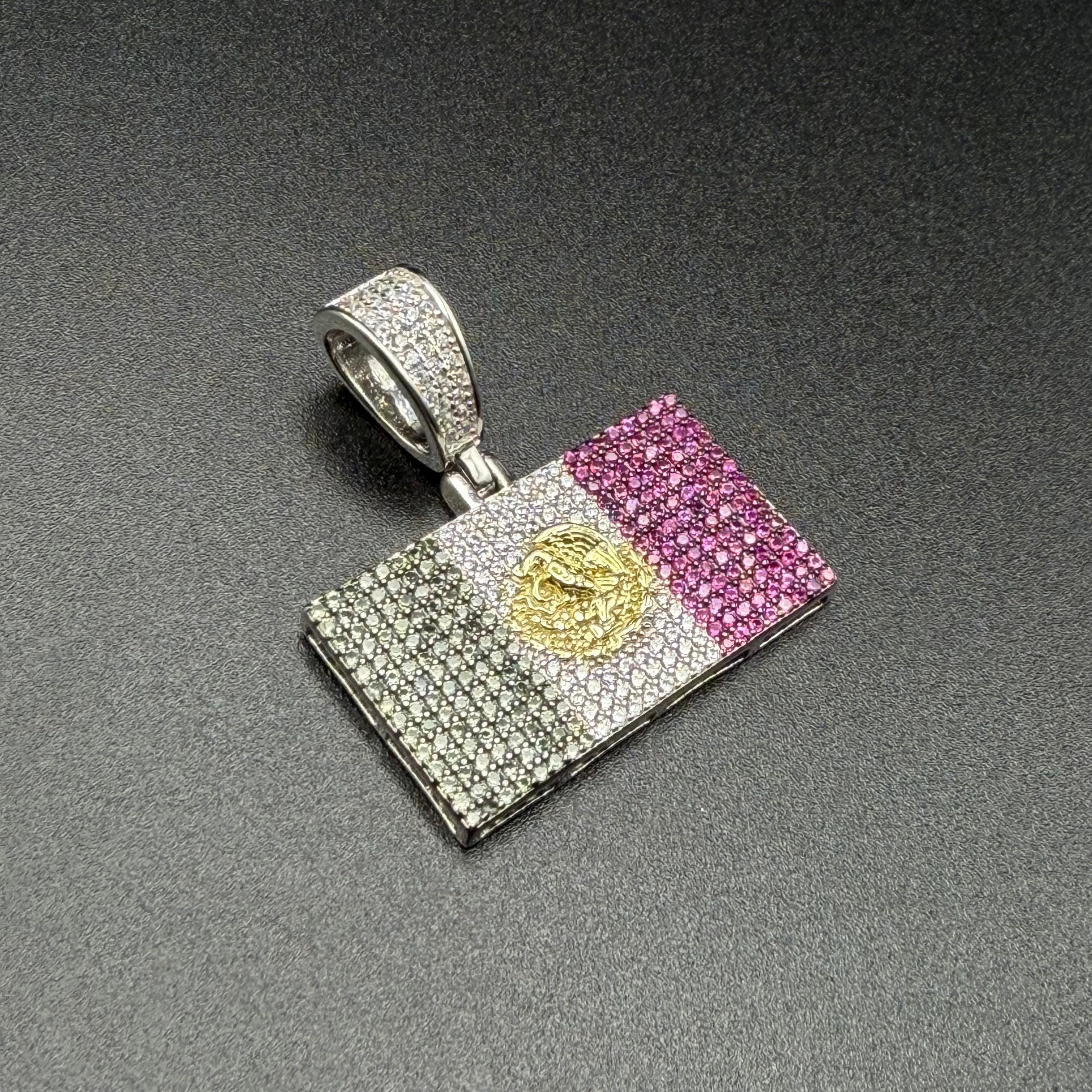 RECTANGUALR MEXICAN FLAG PENDANT - PREMIUM CZ - STERLING SILVER