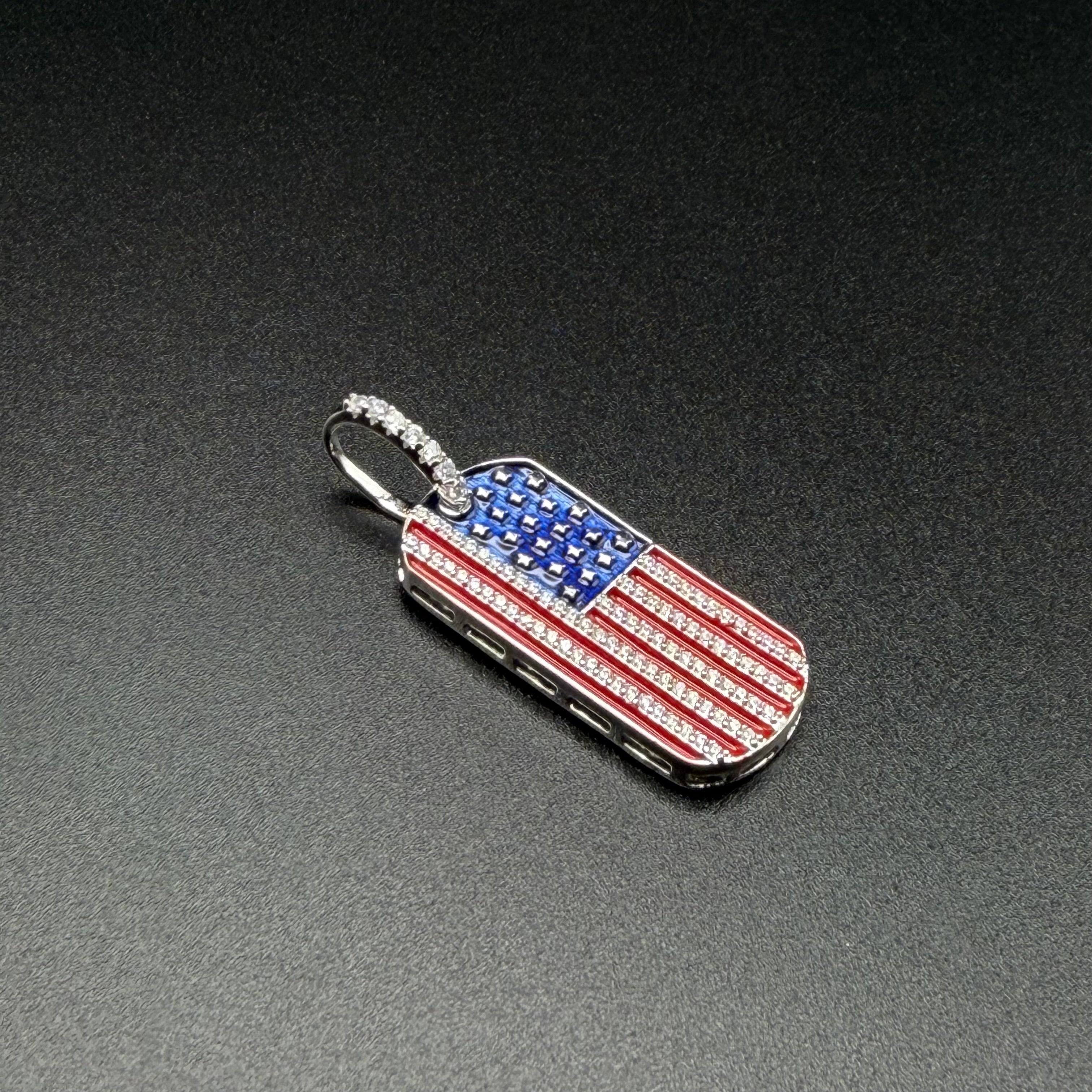 AMERICAN FLAG DOG TAG PENDANT - PREMIUM CZ - STERLING SILVER