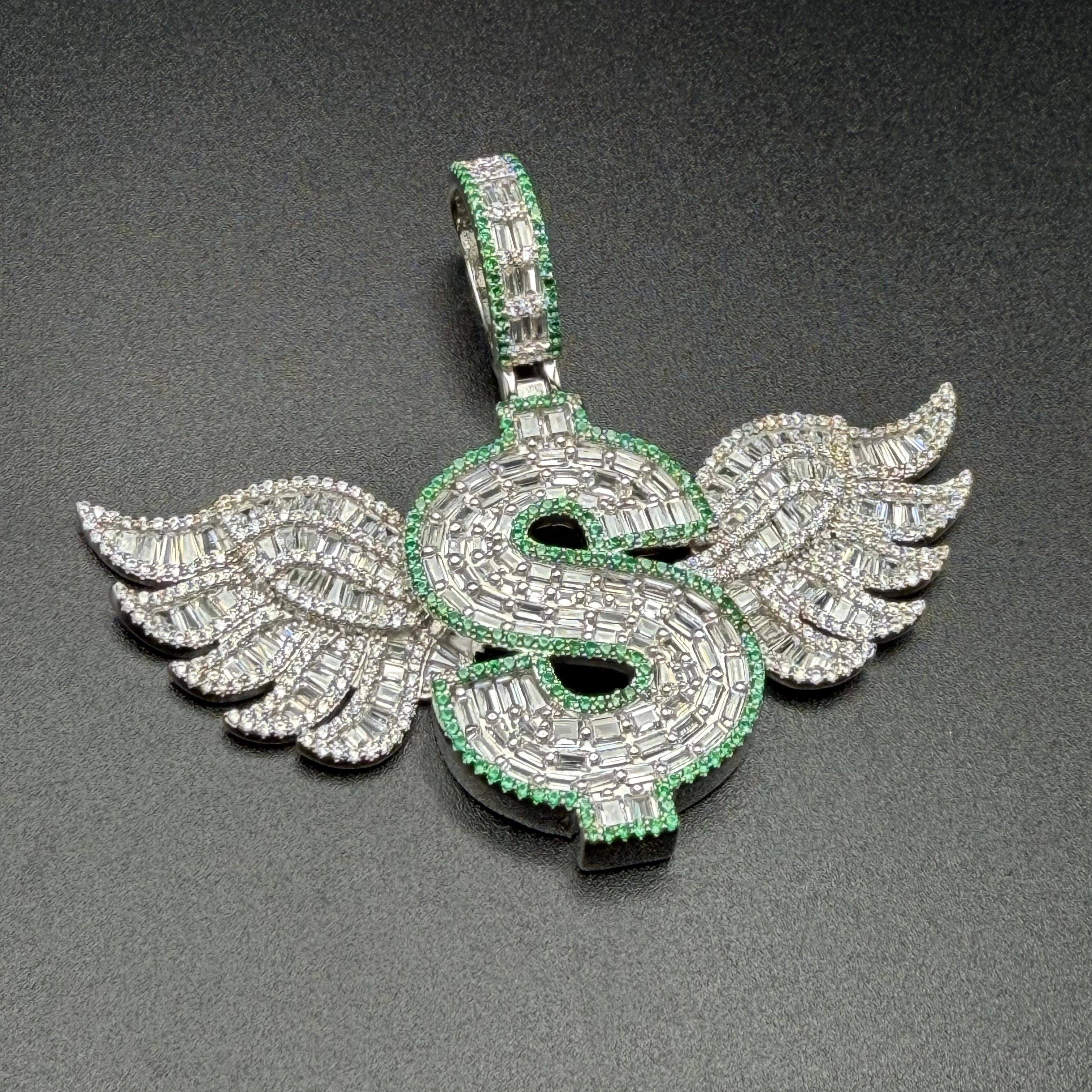 DOLLAR SIGN WINGS - PREMIUM CZ - STERLING SILVER
