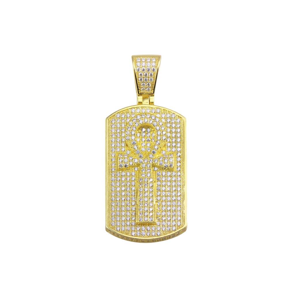 CROSS DOG TAG PENDANT - PREMIUM CZ - GOLD OVER 925