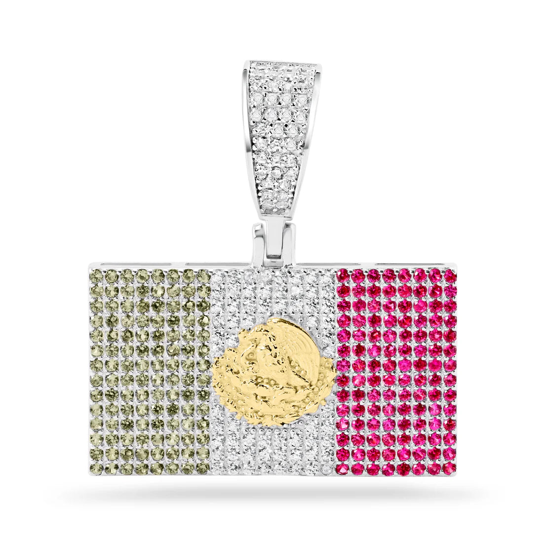 RECTANGUALR MEXICAN FLAG PENDANT - PREMIUM CZ - STERLING SILVER