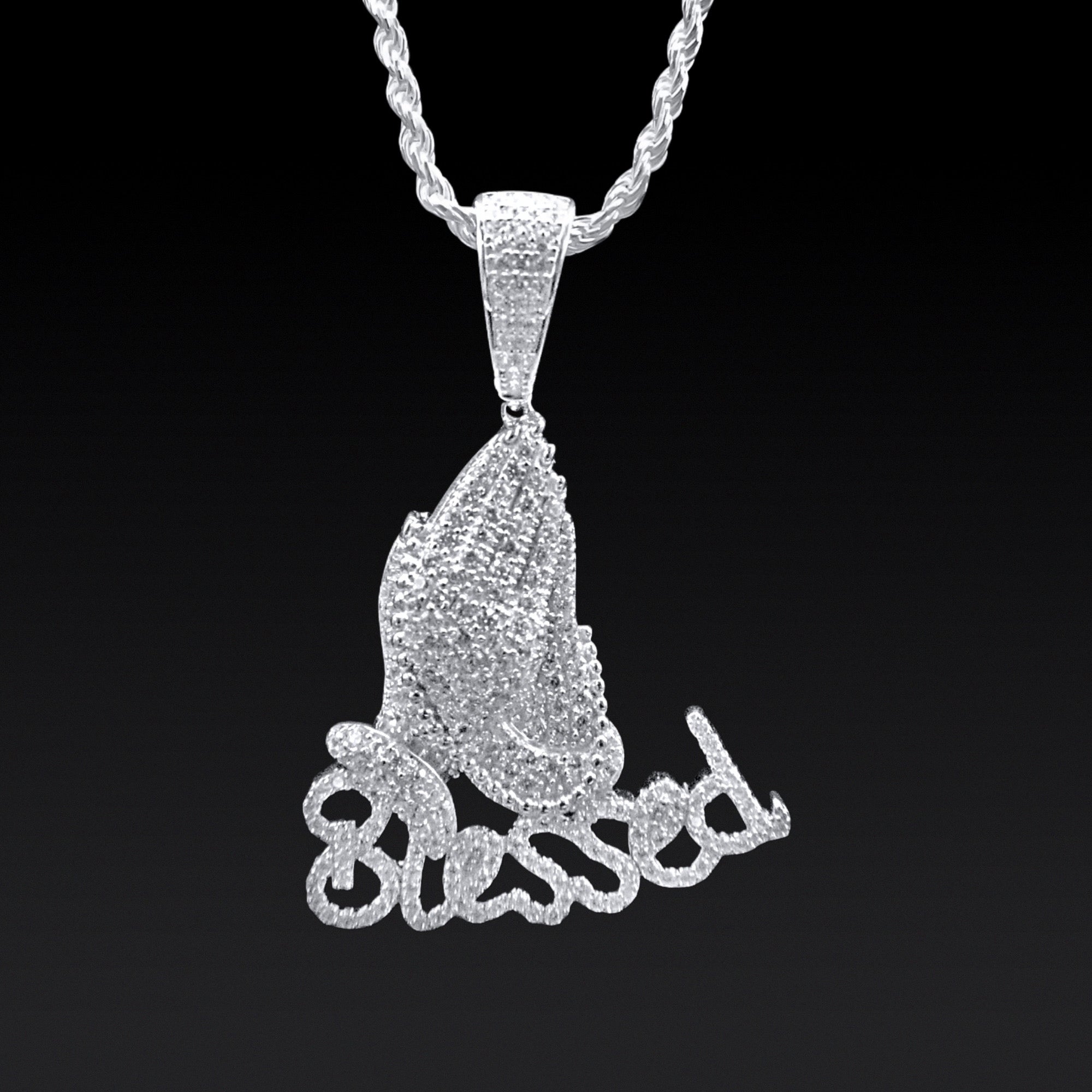 Iced Blessed Prayer Hand Pendant (Silver)