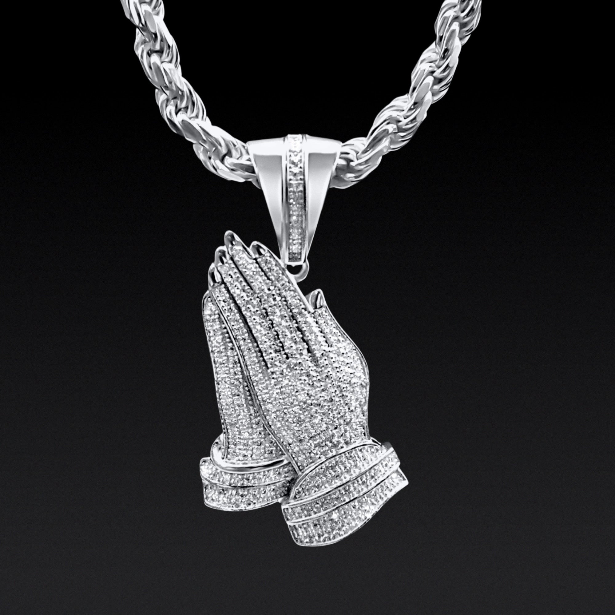 Iced Praying Hands Pendant (Silver)