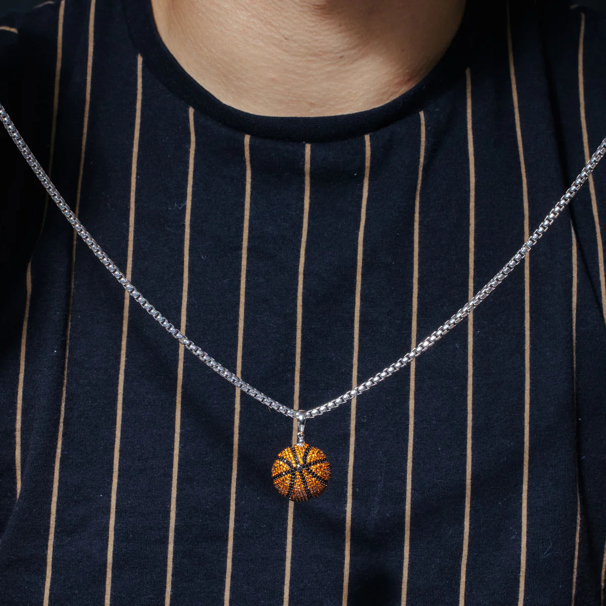 BASKETBALL BLACK AND ORANGE CZ PENDANT - Sterling Silver